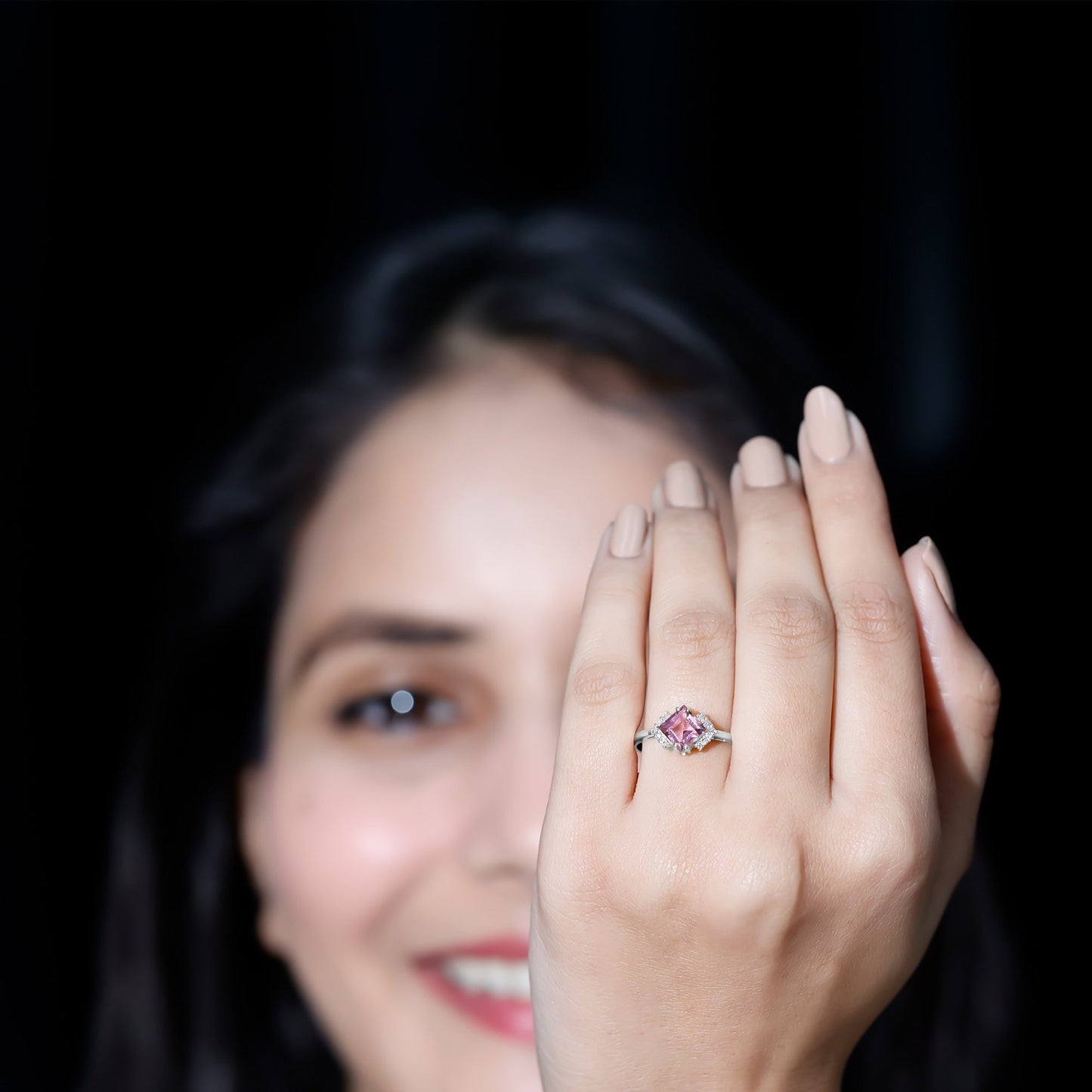 Princess Cut Pink Tourmaline Engagement Ring with Diamond Accent
