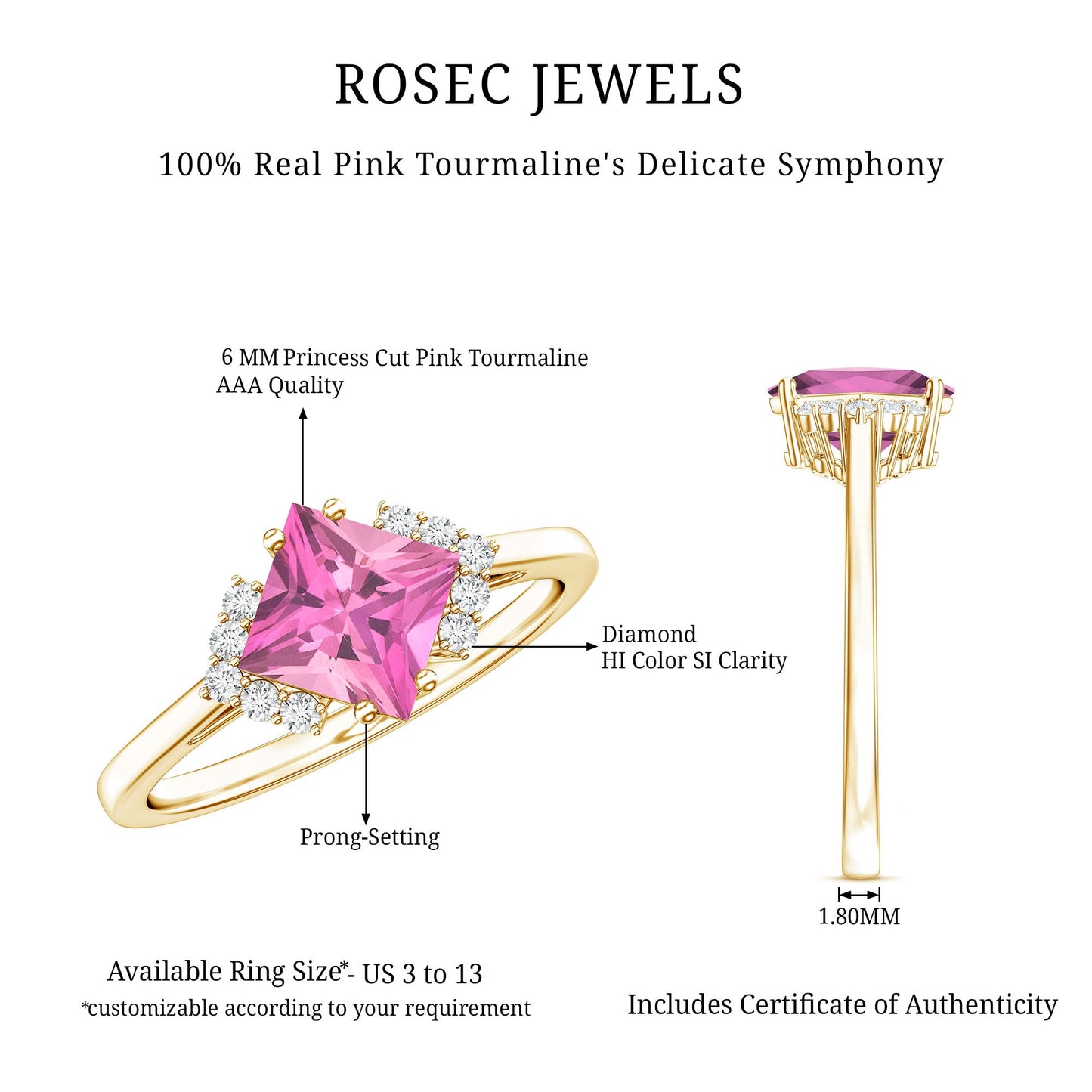 Princess Cut Pink Tourmaline Engagement Ring with Diamond Accent