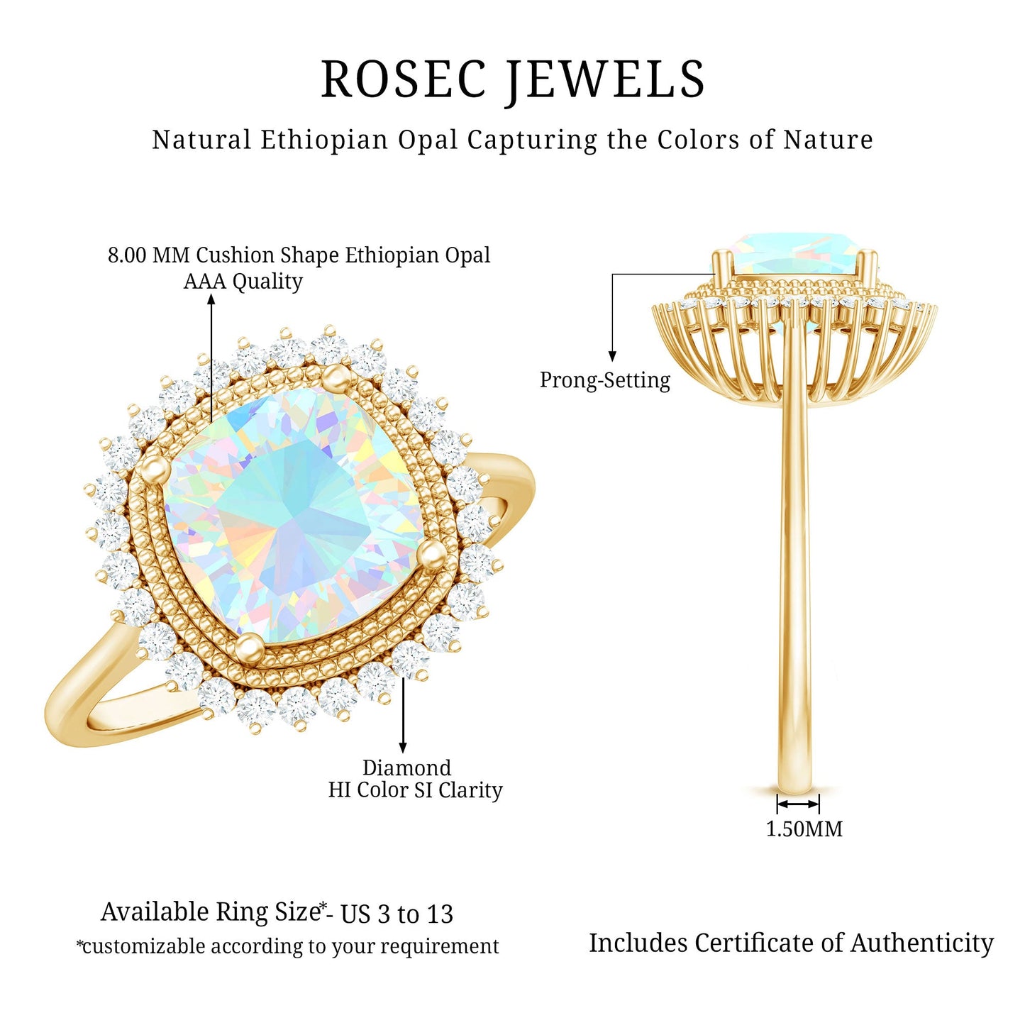 Natural 1.8 Carat Cushion Cut Opalescent Vintage Looking Engagement Ring with Diamond Halo