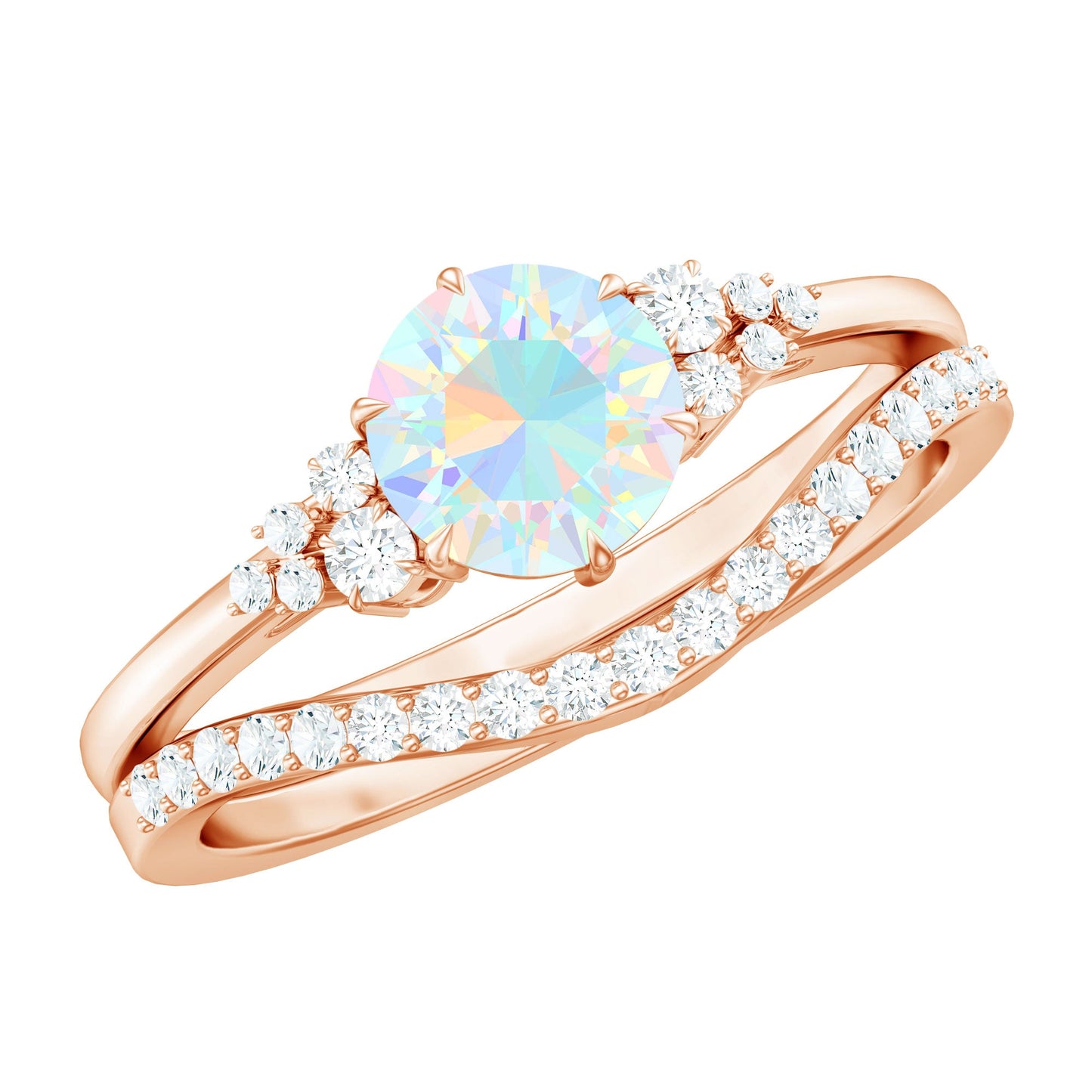 Natural 0.8 Carat Ethiopian Opal Diamond Wedding Bridal Ring Set of 2