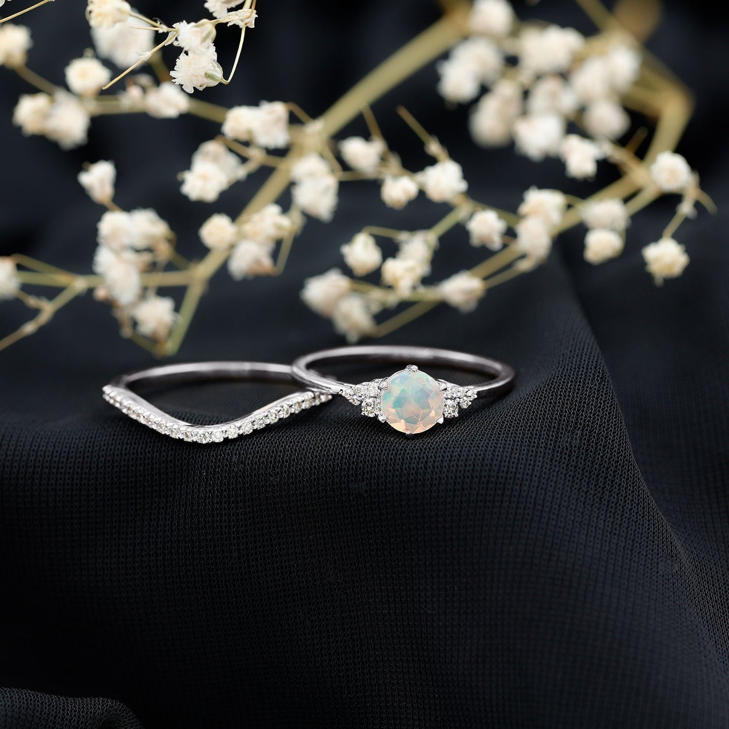 Natural 0.8 Carat Ethiopian Opal Diamond Wedding Bridal Ring Set of 2