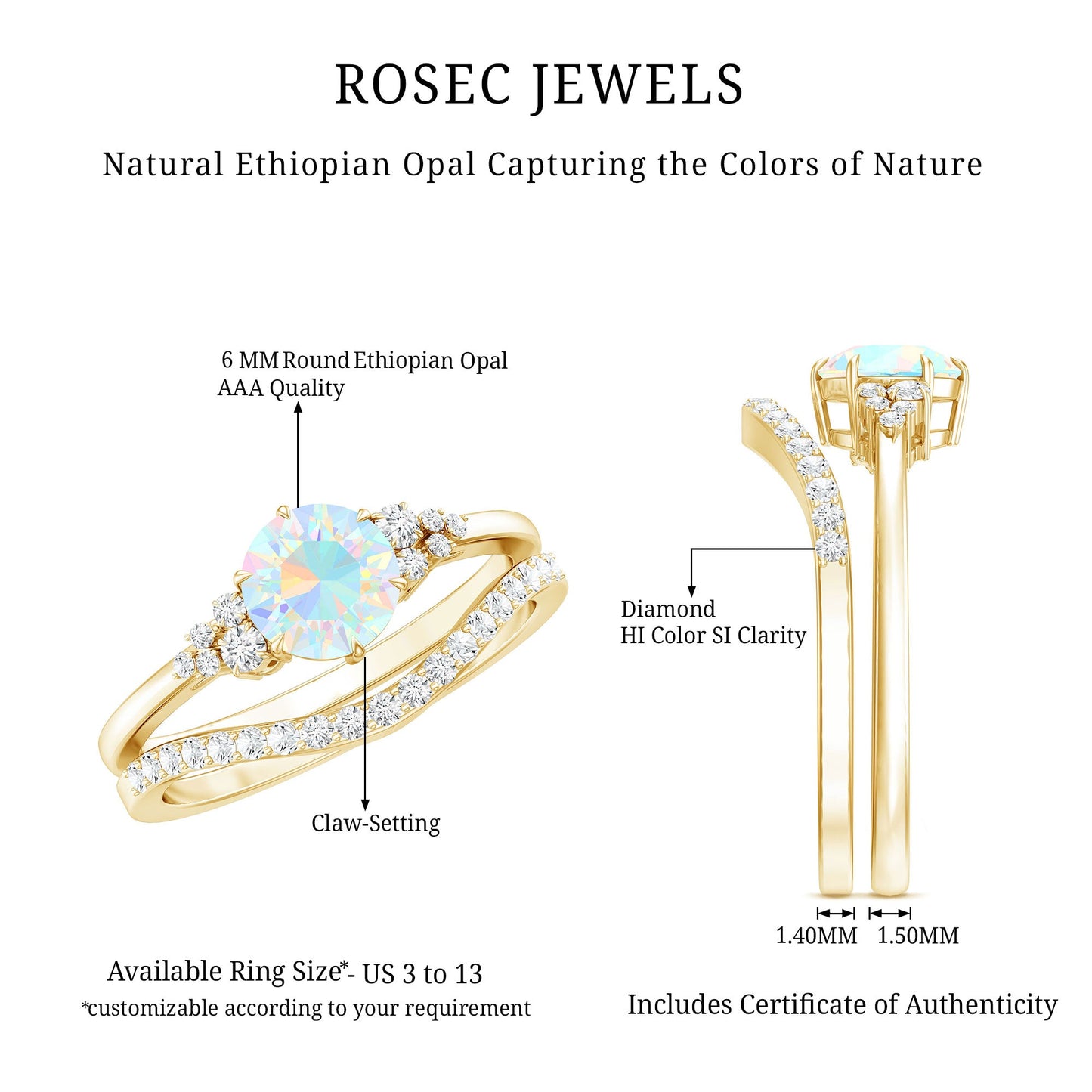Natural 0.8 Carat Ethiopian Opal Diamond Wedding Bridal Ring Set of 2