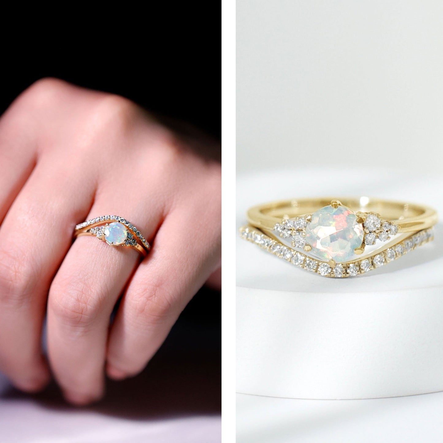 Natural 0.8 Carat Ethiopian Opal Diamond Wedding Bridal Ring Set of 2