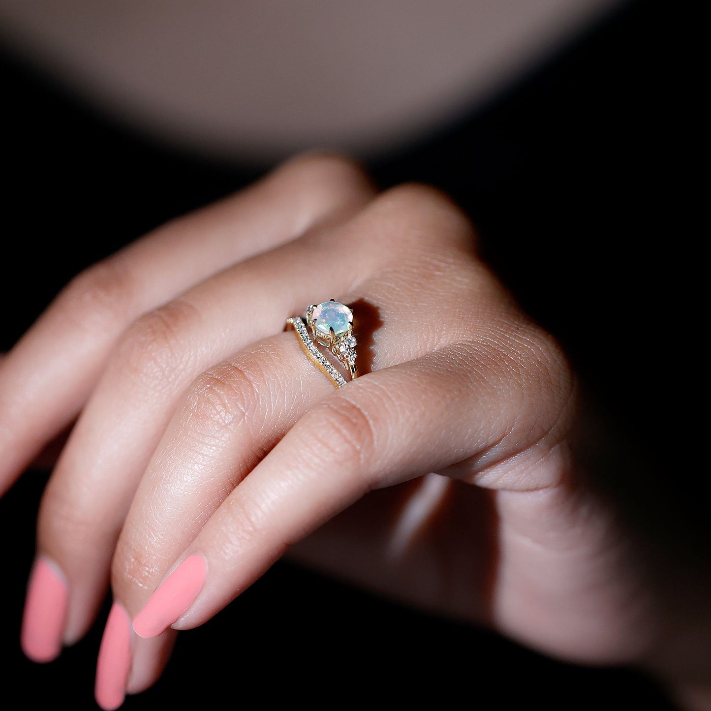 Natural 0.8 Carat Ethiopian Opal Diamond Wedding Bridal Ring Set of 2