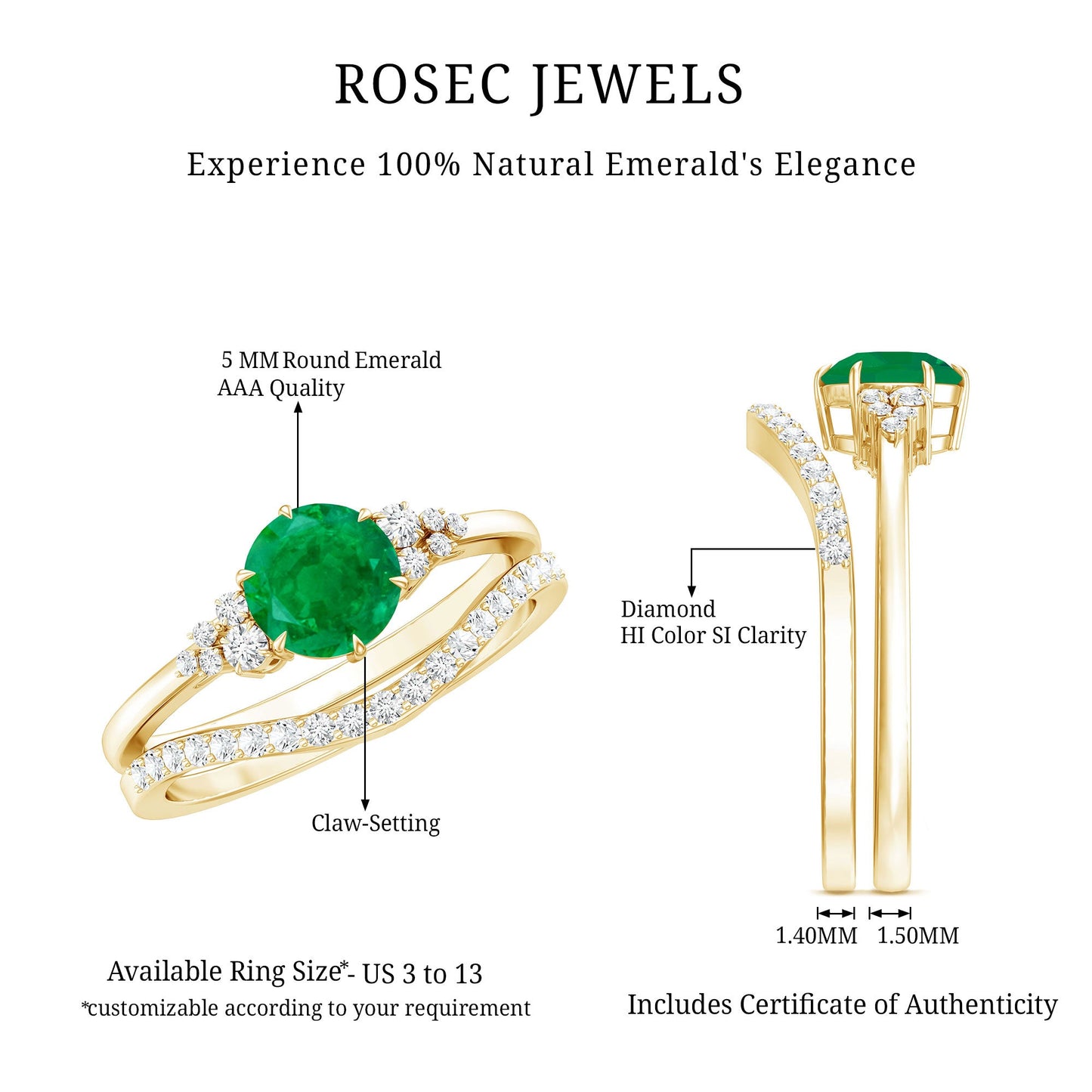 0.4 Carat Natural Emerald Diamond Wedding Bridal Ring Set of 2