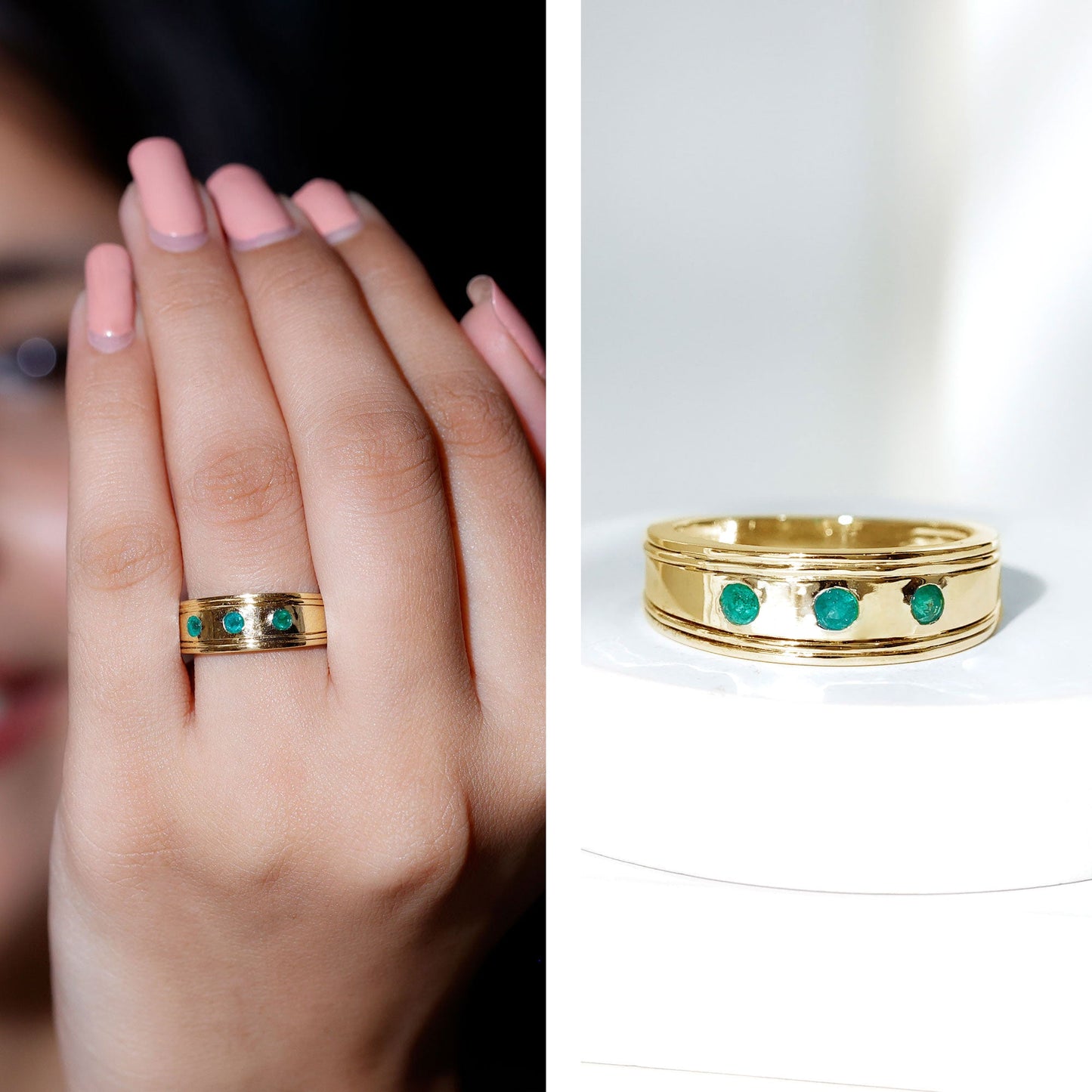 Emerald Minimal Band Ring in Gypsy Setting