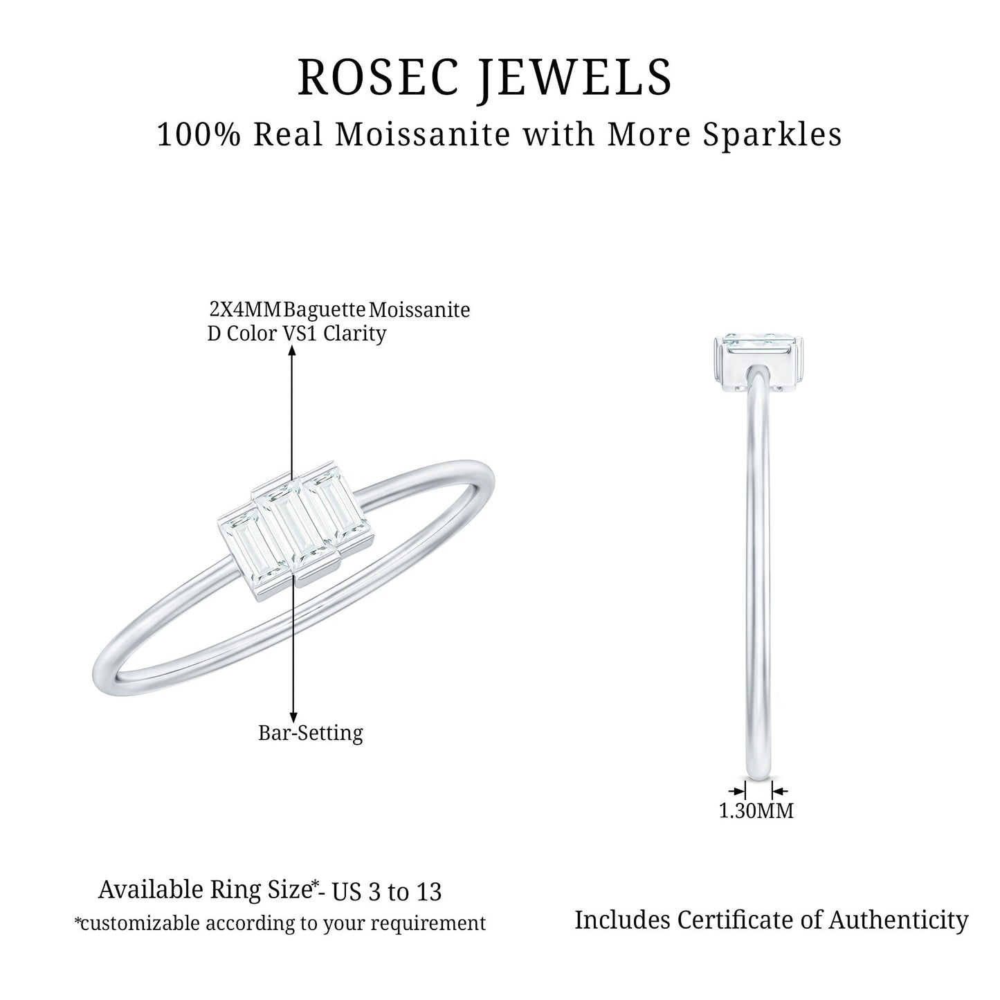 Minimalist Baguette Cut Moissanite 3 Stone Promise Ring