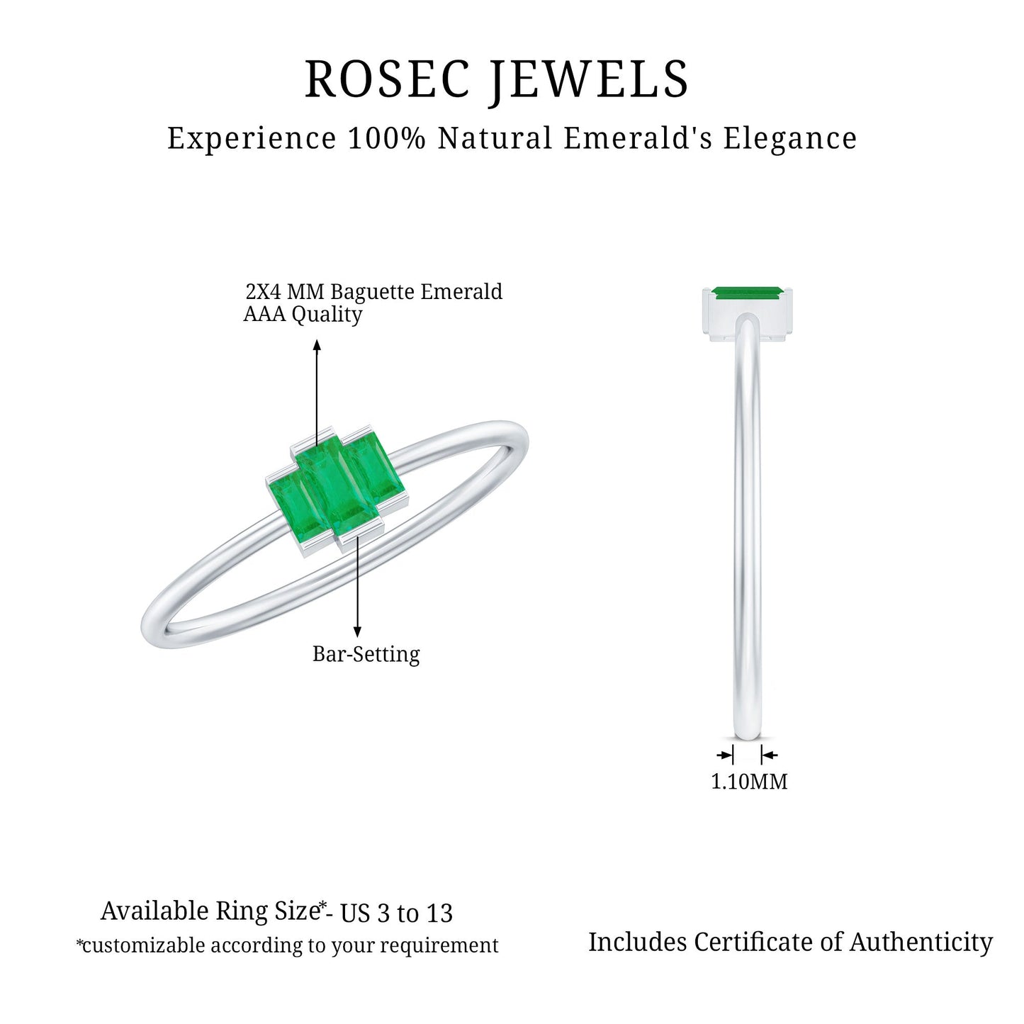 Baguette Cut Natural Emerald Three Stone Ring