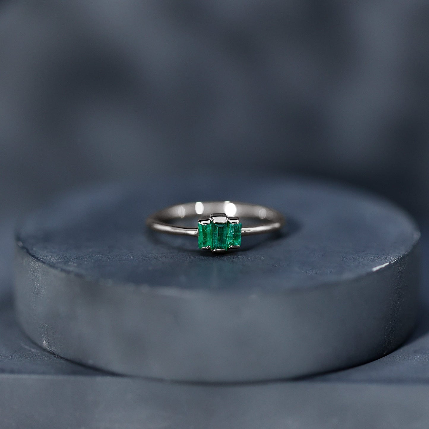 Baguette Cut Natural Emerald Three Stone Ring