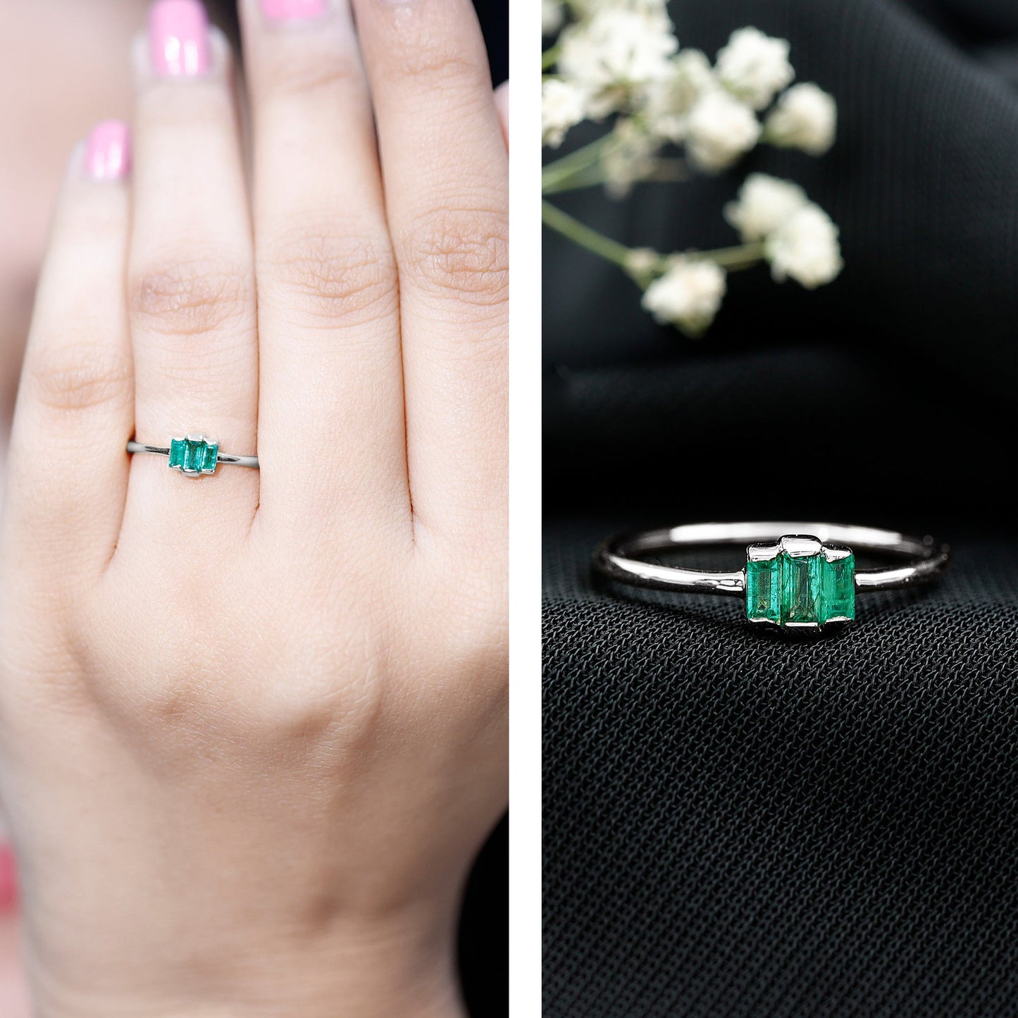 Baguette Cut Natural Emerald Three Stone Ring