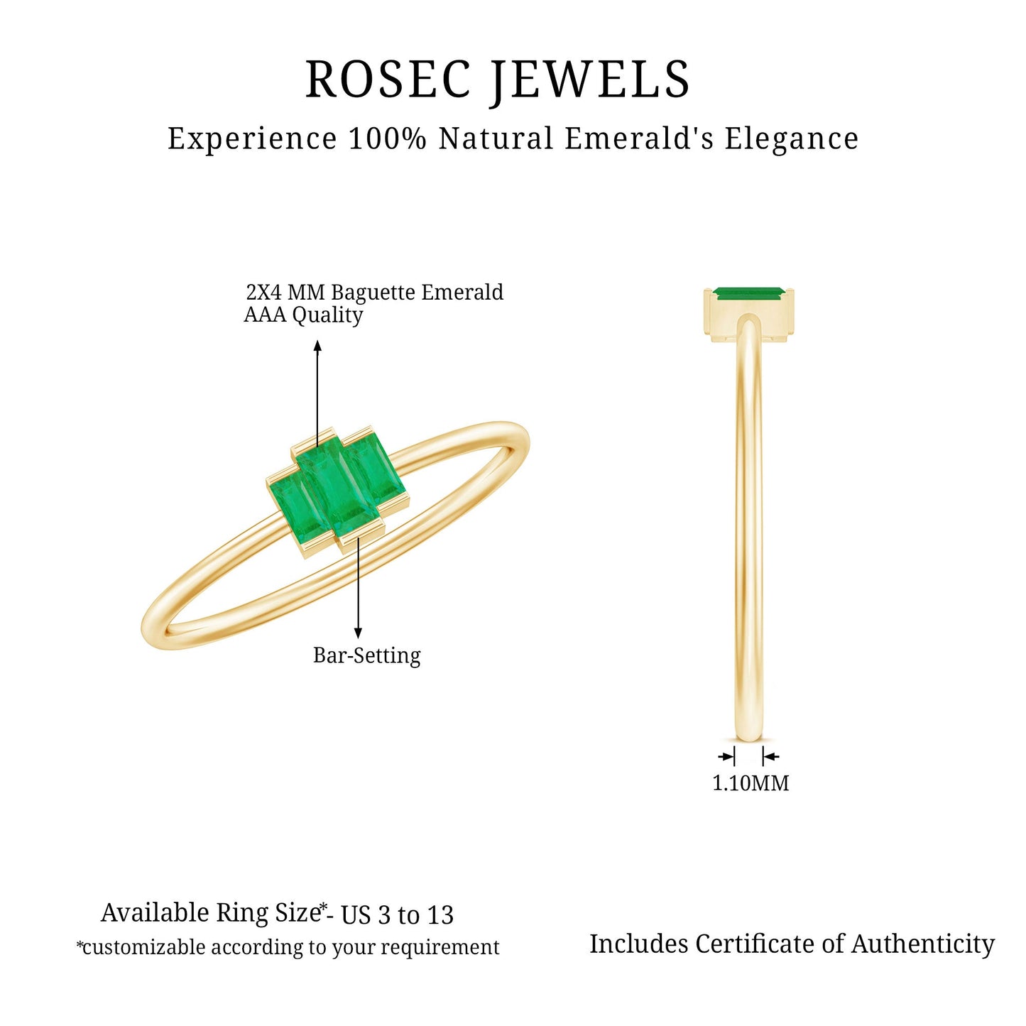 Baguette Cut Natural Emerald Three Stone Ring