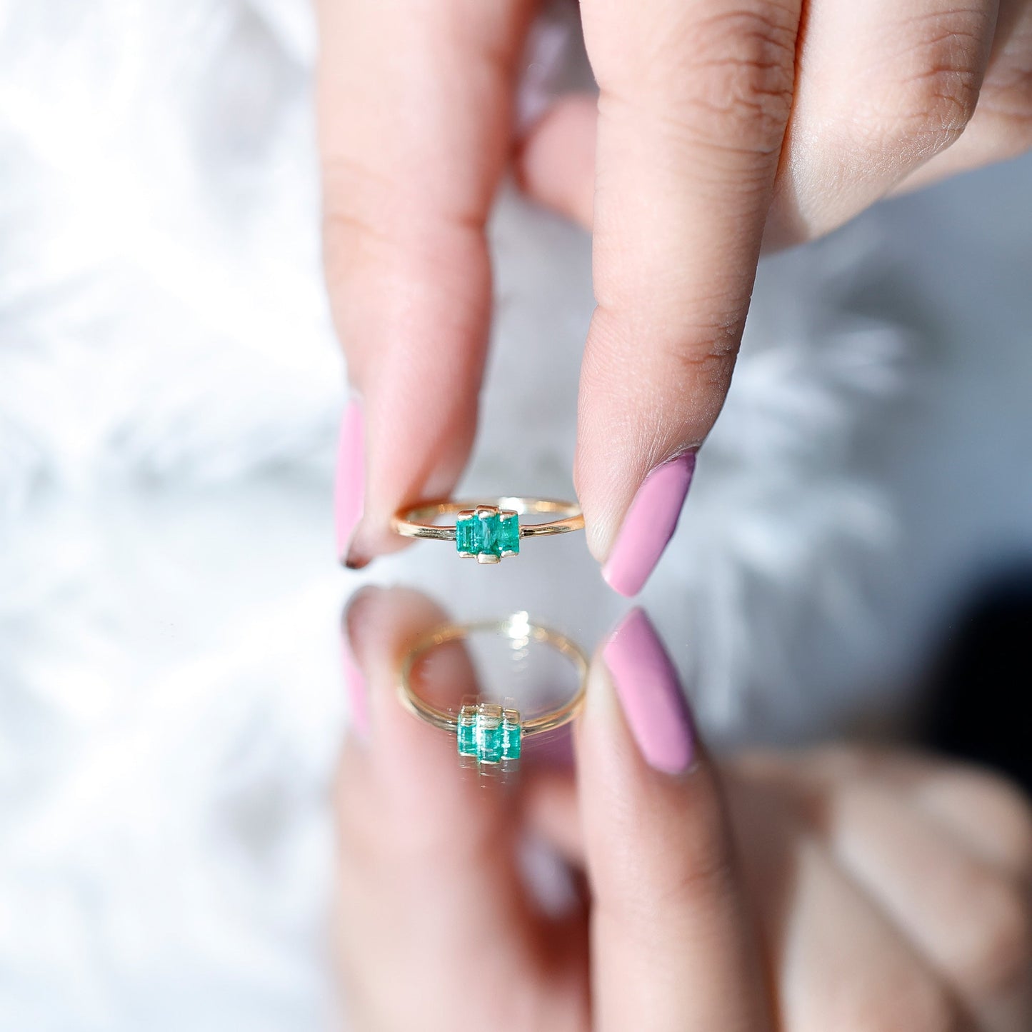 Baguette Cut Natural Emerald Three Stone Ring