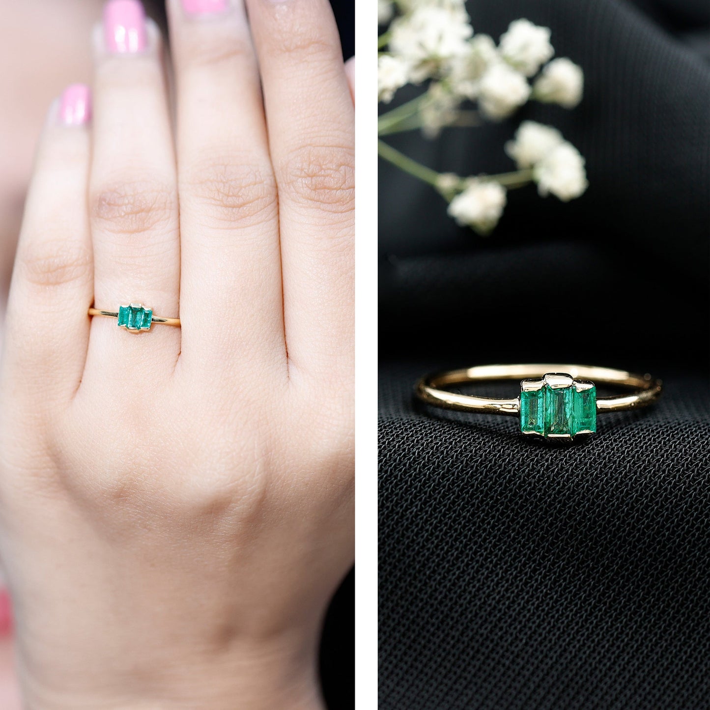 Baguette Cut Natural Emerald Three Stone Ring
