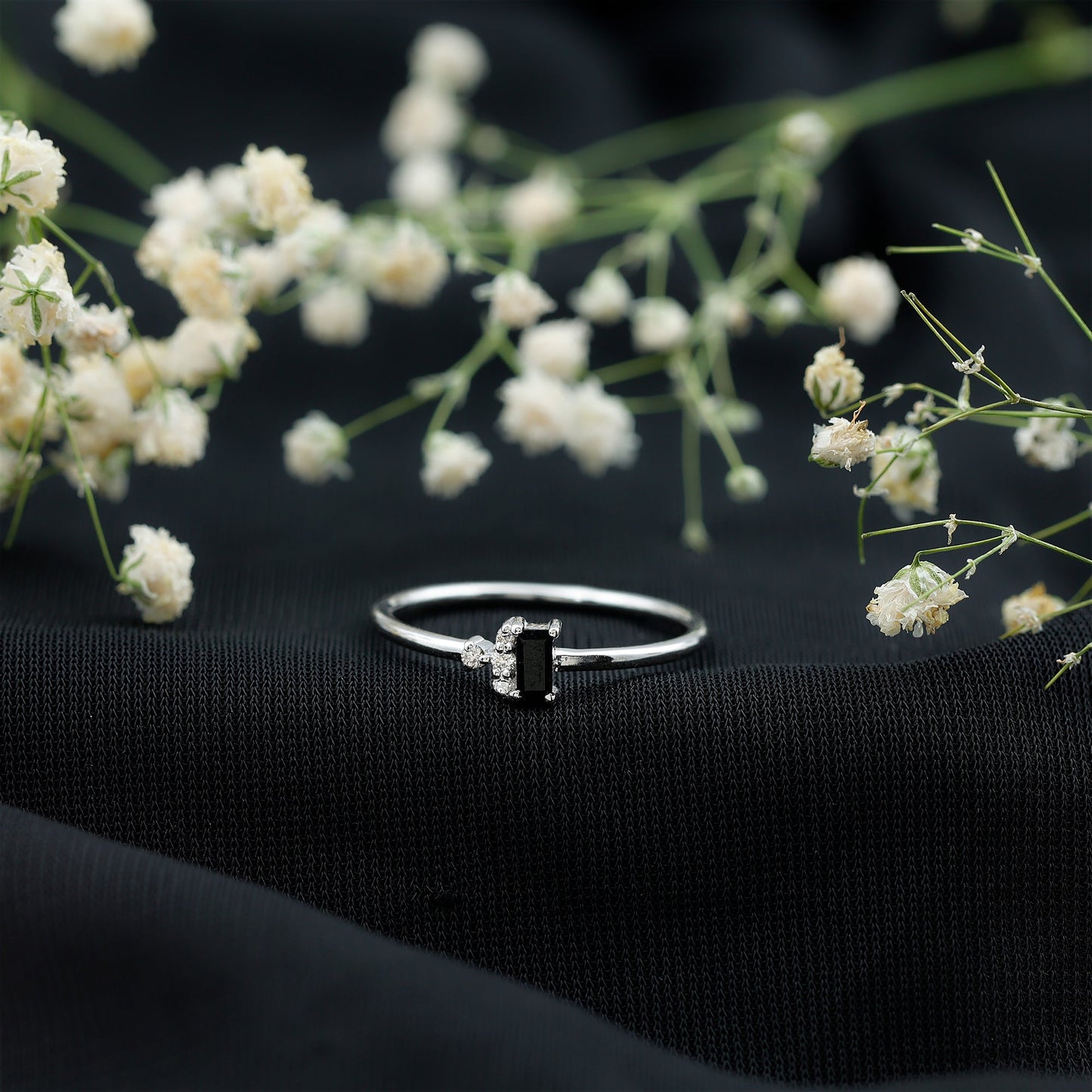 Dainty Black Spinel and Diamond Promise Ring for Her