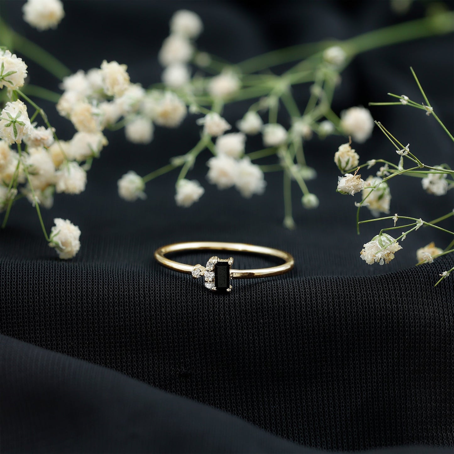 Dainty Black Spinel and Diamond Promise Ring for Her