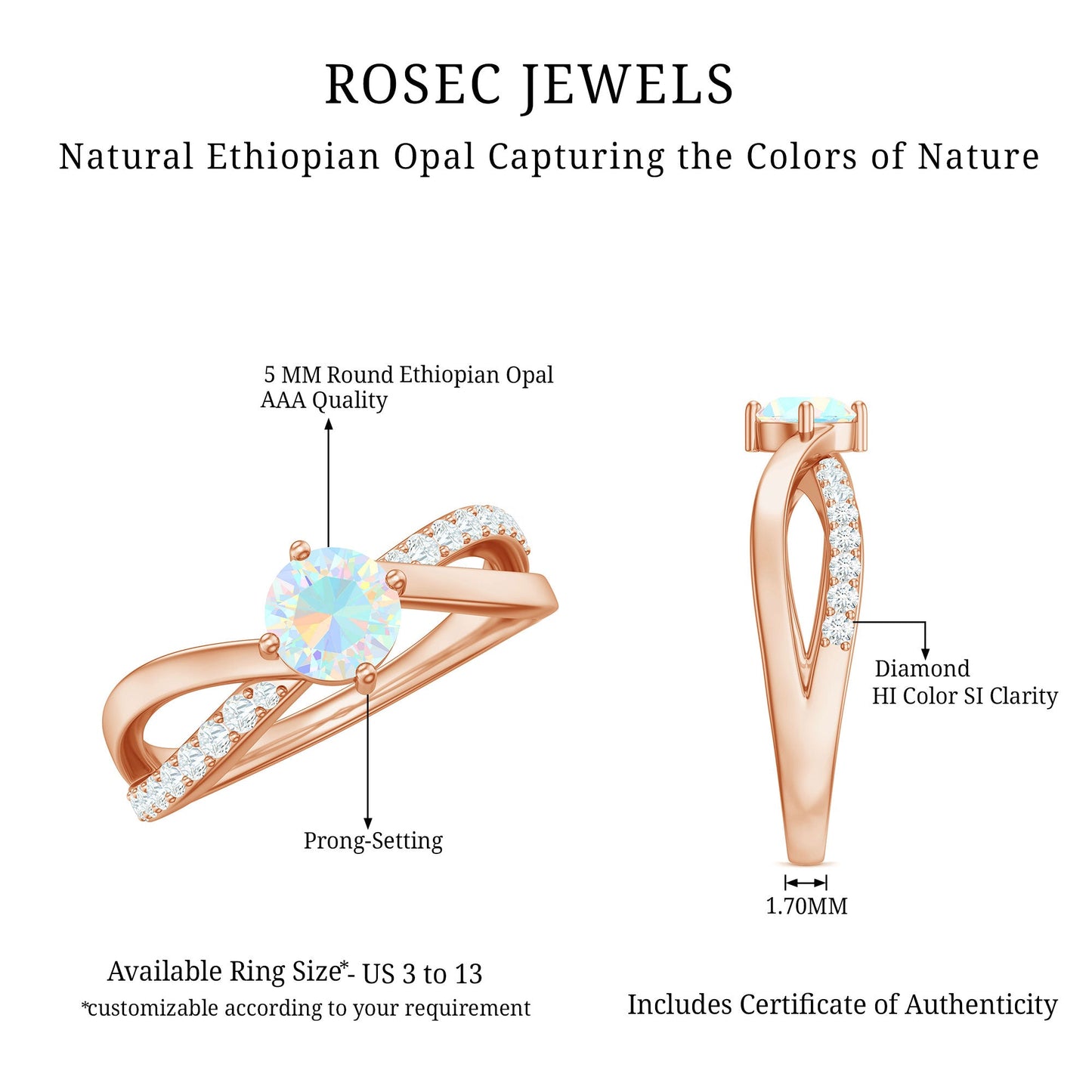 Natural Ethiopian Rainbow Opal Diamond Engagement Ring with Twisted Shank