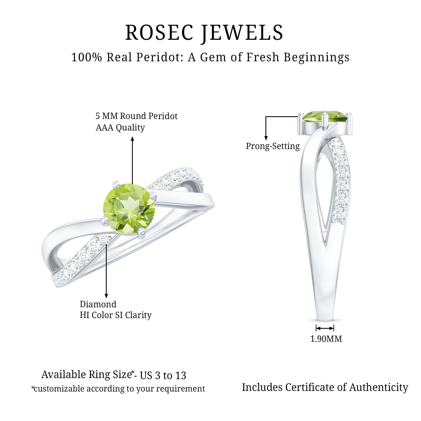 Natural 0.5 Carat Peridot Infinity Promise Ring with Diamond