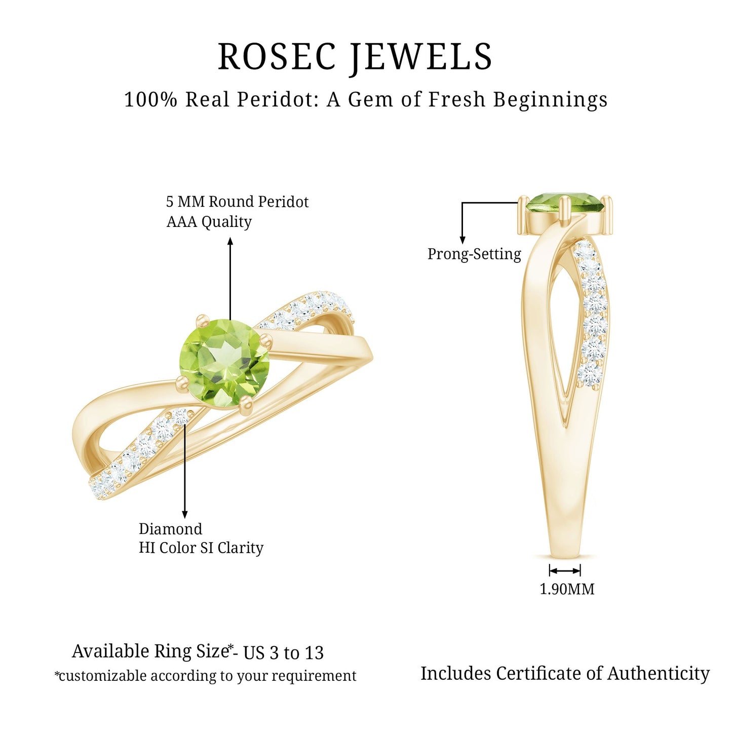 Natural 0.5 Carat Peridot Infinity Promise Ring with Diamond