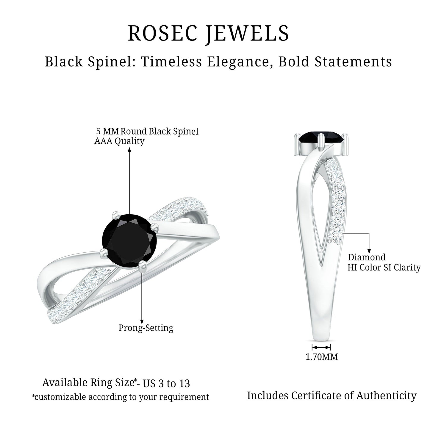 Certified Real Black Spinel Promise Ring with Diamond
