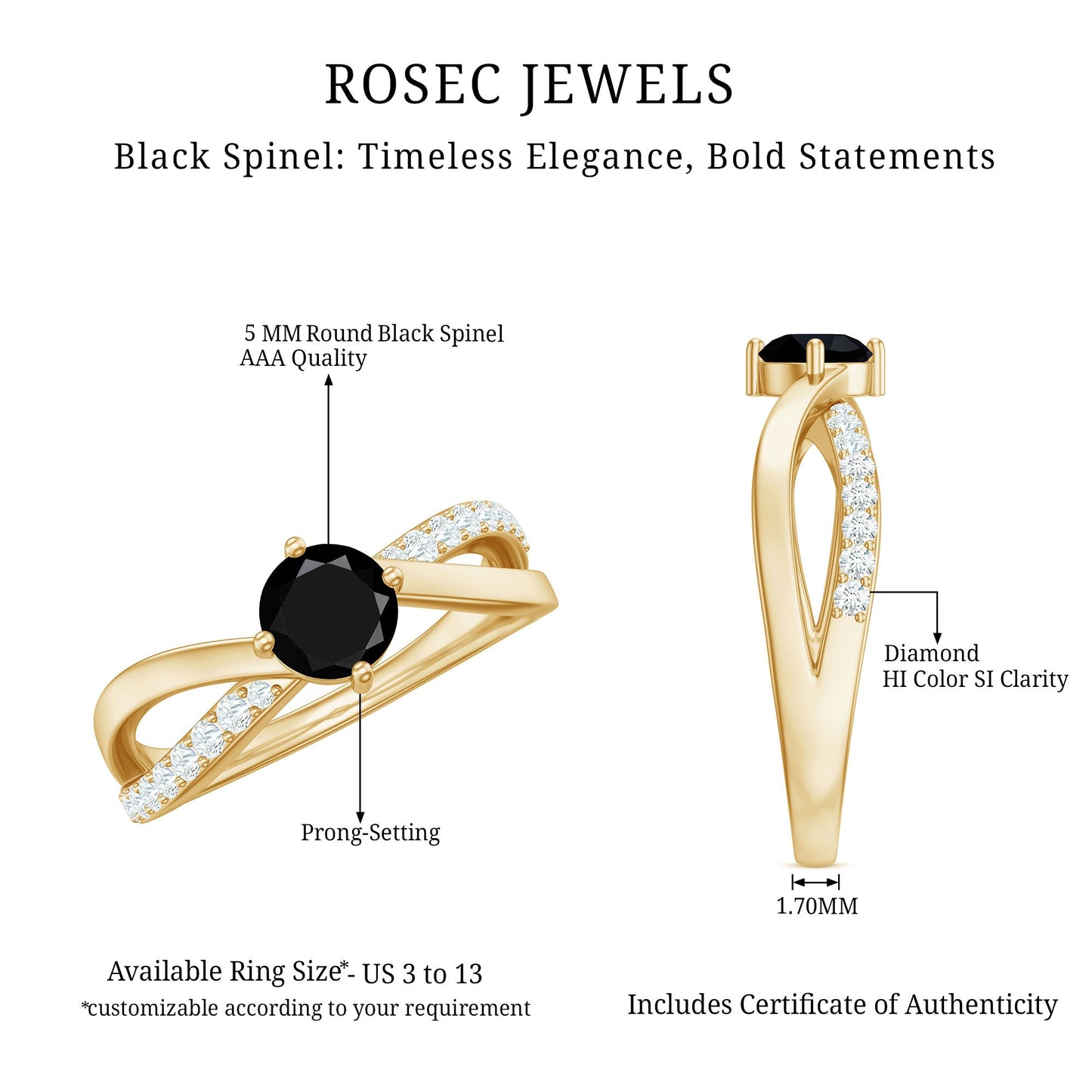 Certified Real Black Spinel Promise Ring with Diamond
