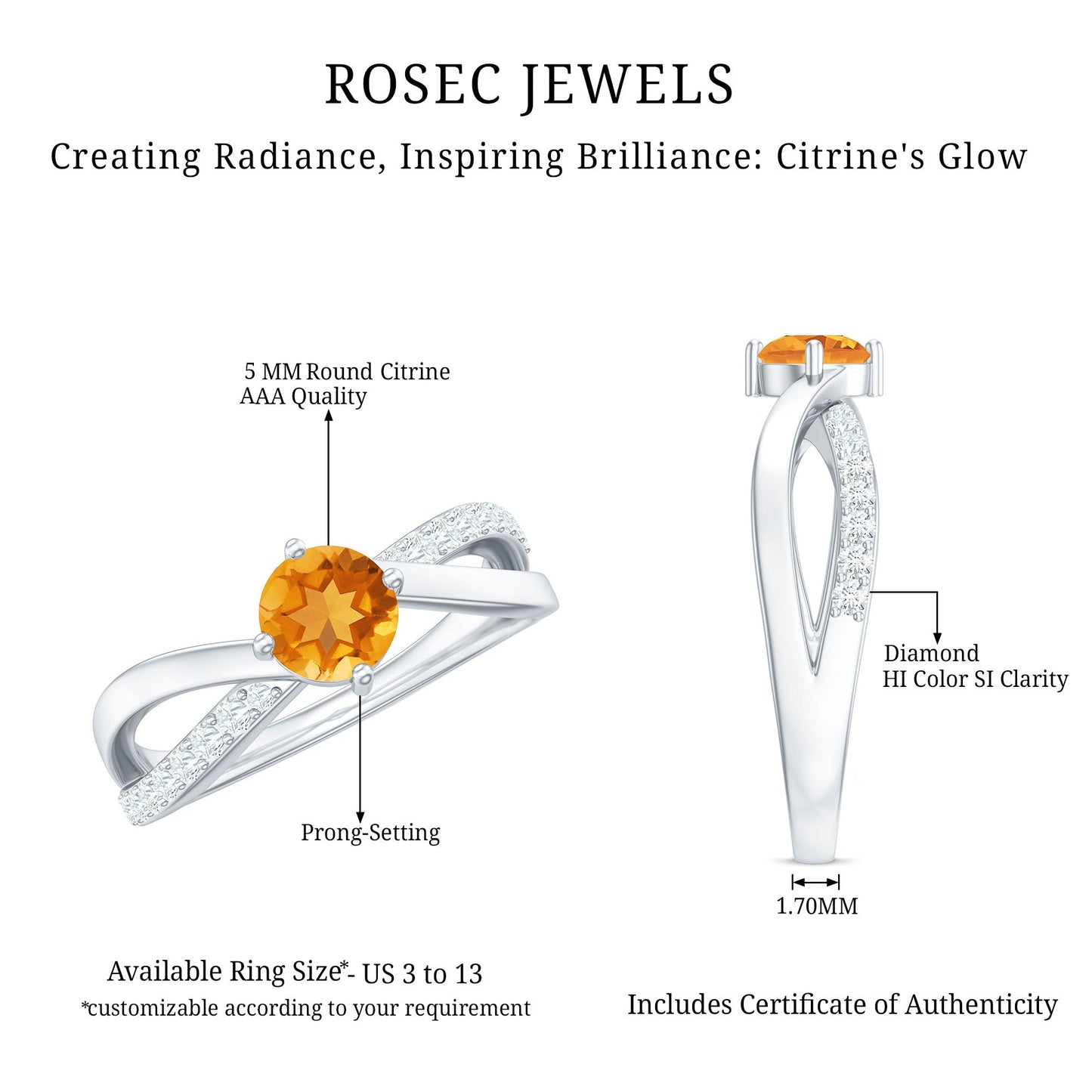 Certified Real Citrine Engagement Ring with Diamond Criss Cross Shank