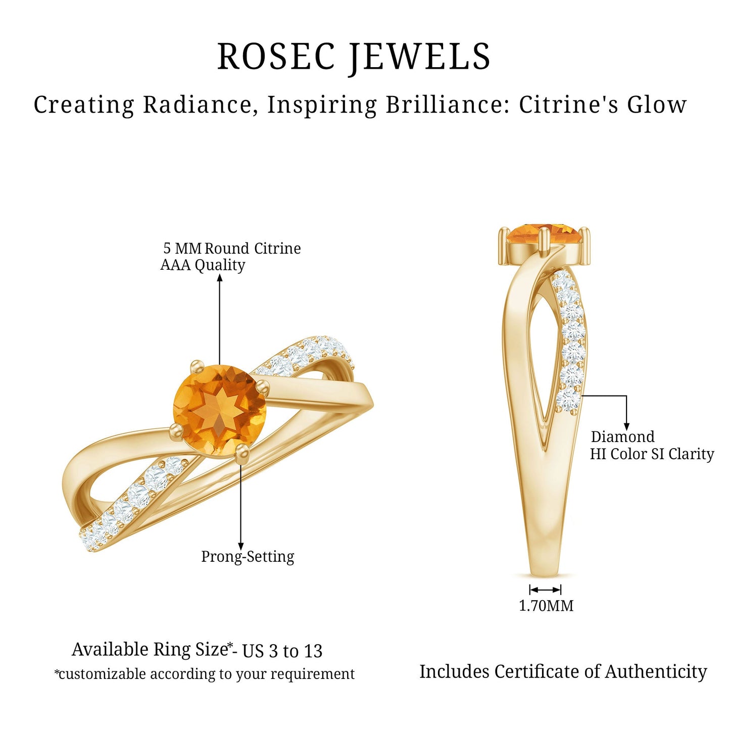 Certified Real Citrine Engagement Ring with Diamond Criss Cross Shank