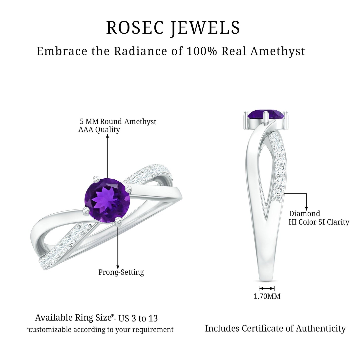 Real Amethyst Diamond Infinity Engagement Ring for Women