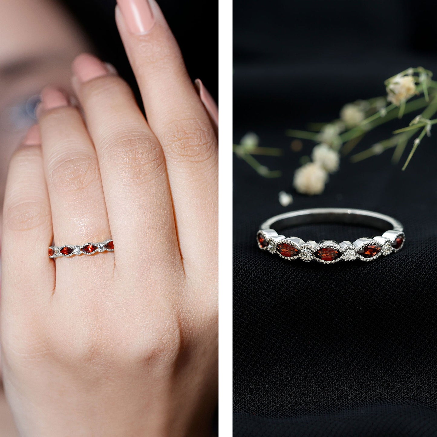 Natural Marquise Garnet Diamond Half Eternity Ring for Anniversary