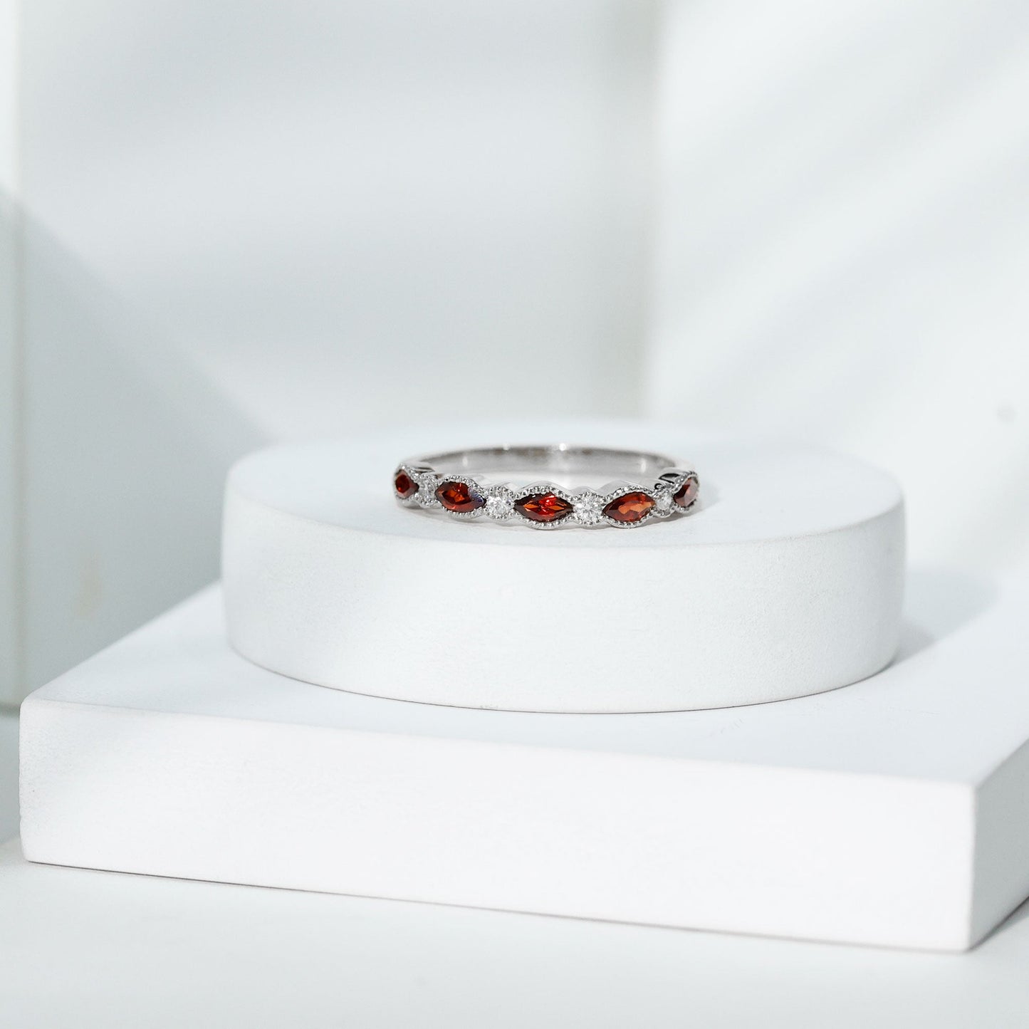 Natural Marquise Garnet Diamond Half Eternity Ring for Anniversary