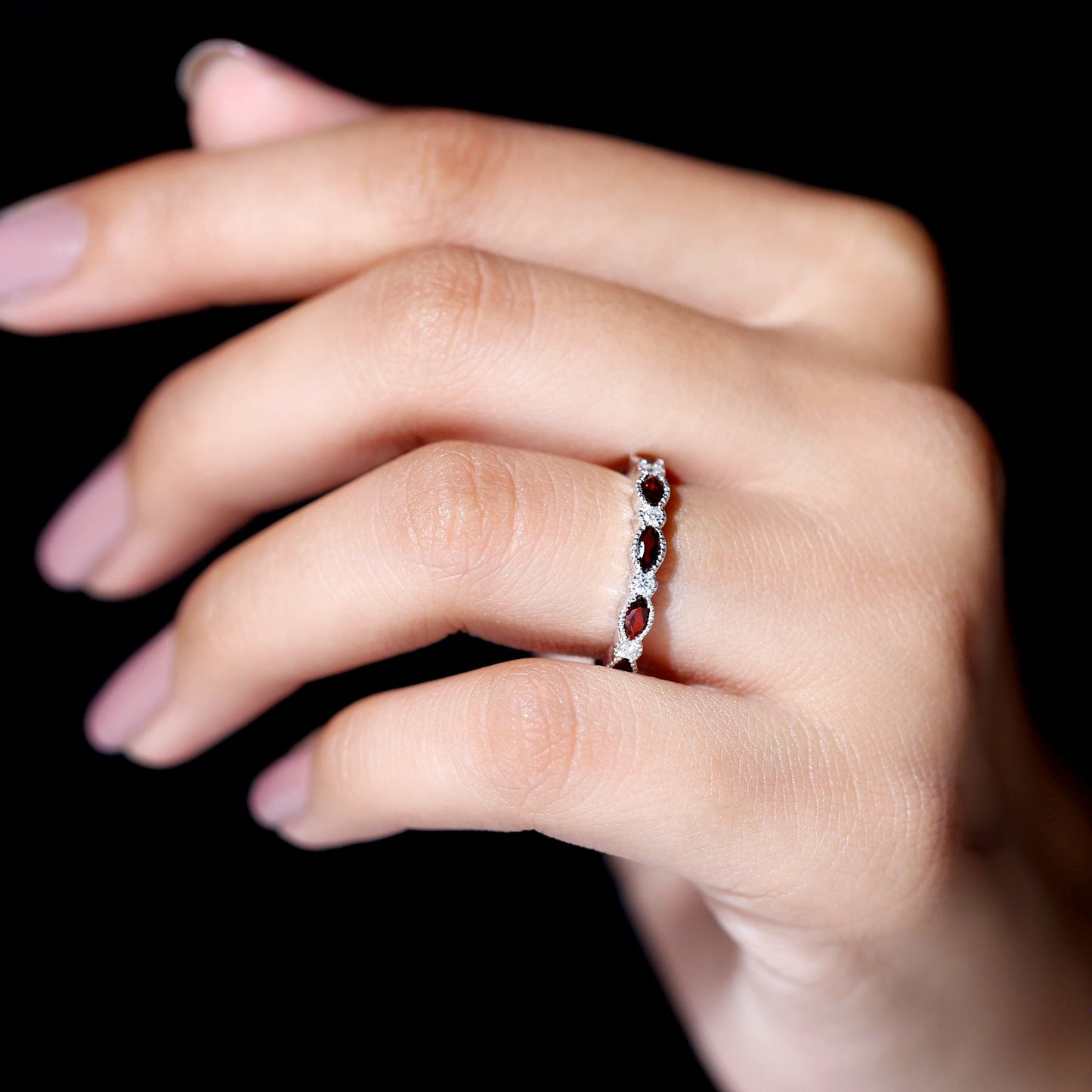 Natural Marquise Garnet Diamond Half Eternity Ring for Anniversary