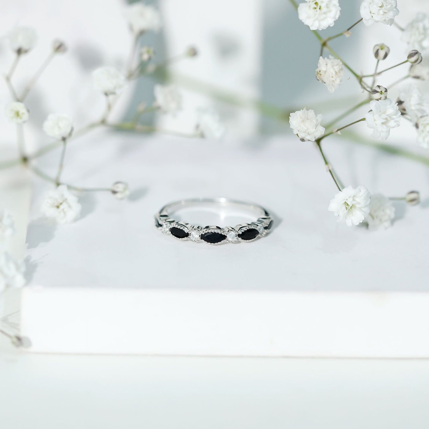 Certified Black Onyx Half Eternity Ring with Moissanite