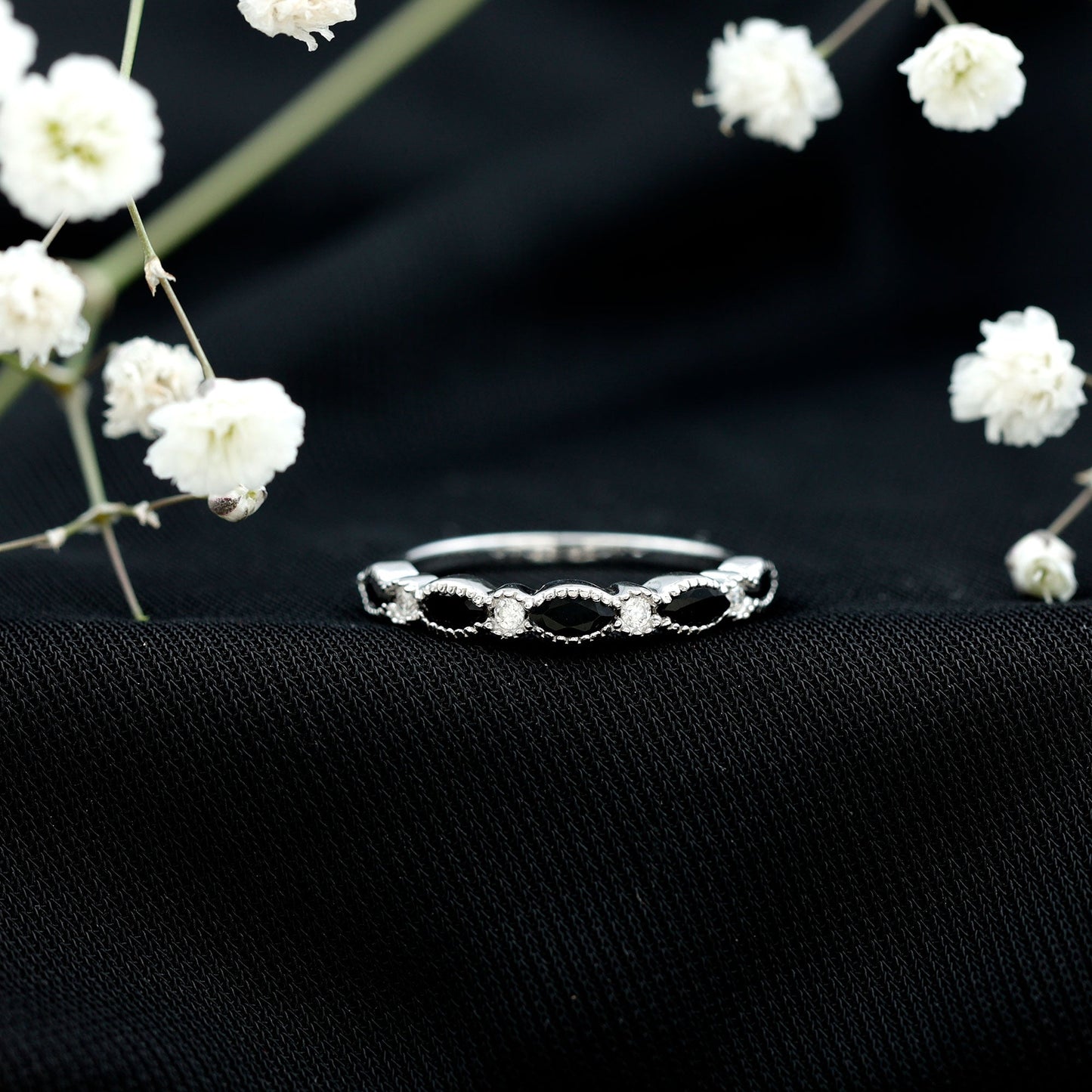 Certified Black Onyx Half Eternity Ring with Moissanite