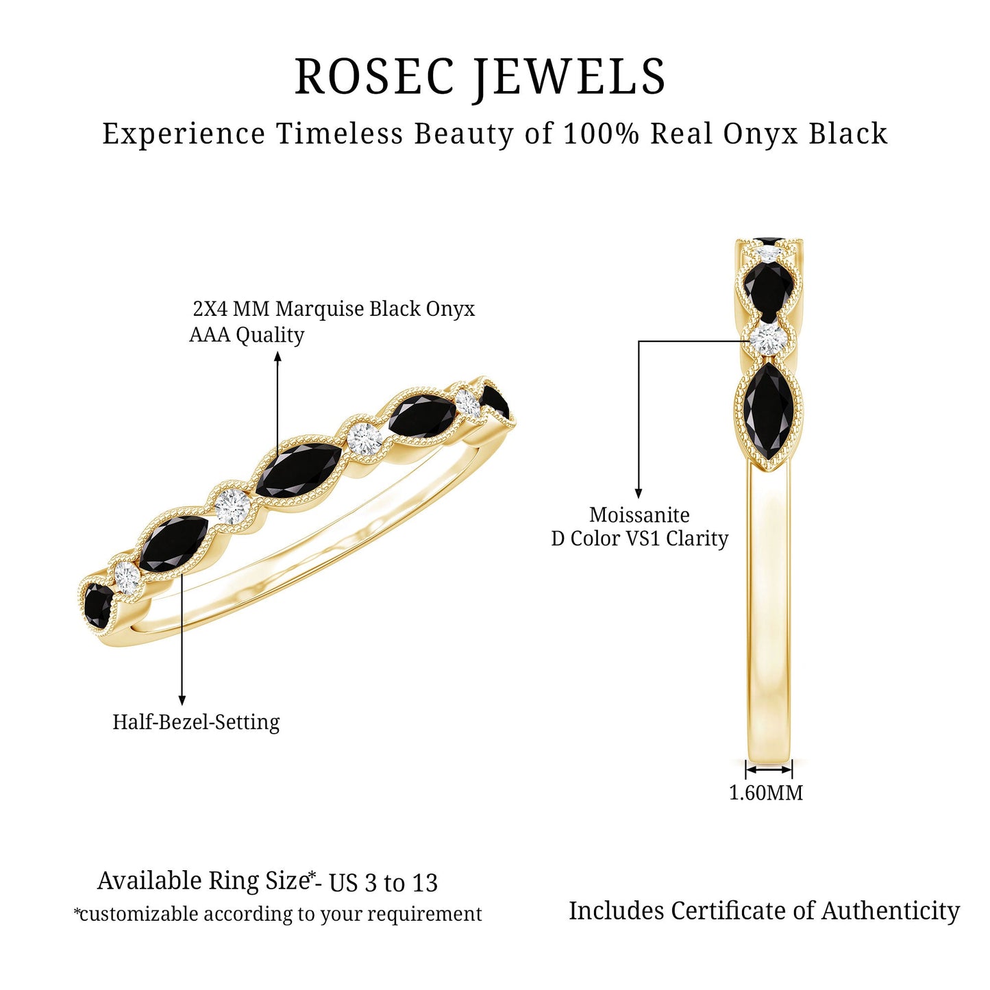 Certified Black Onyx Half Eternity Ring with Moissanite