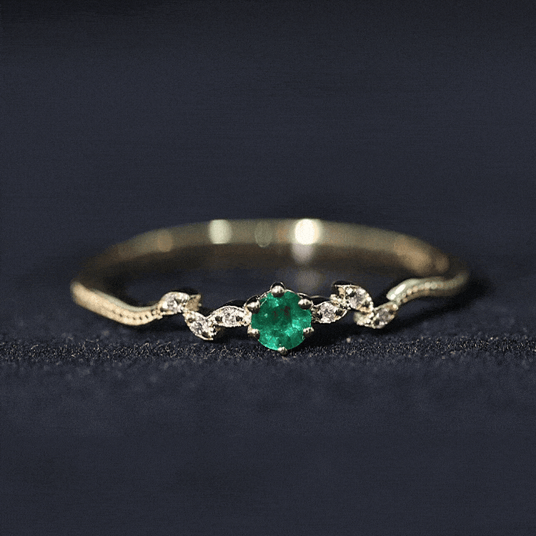 Natural Emerald and Diamond Leaf Promise Ring