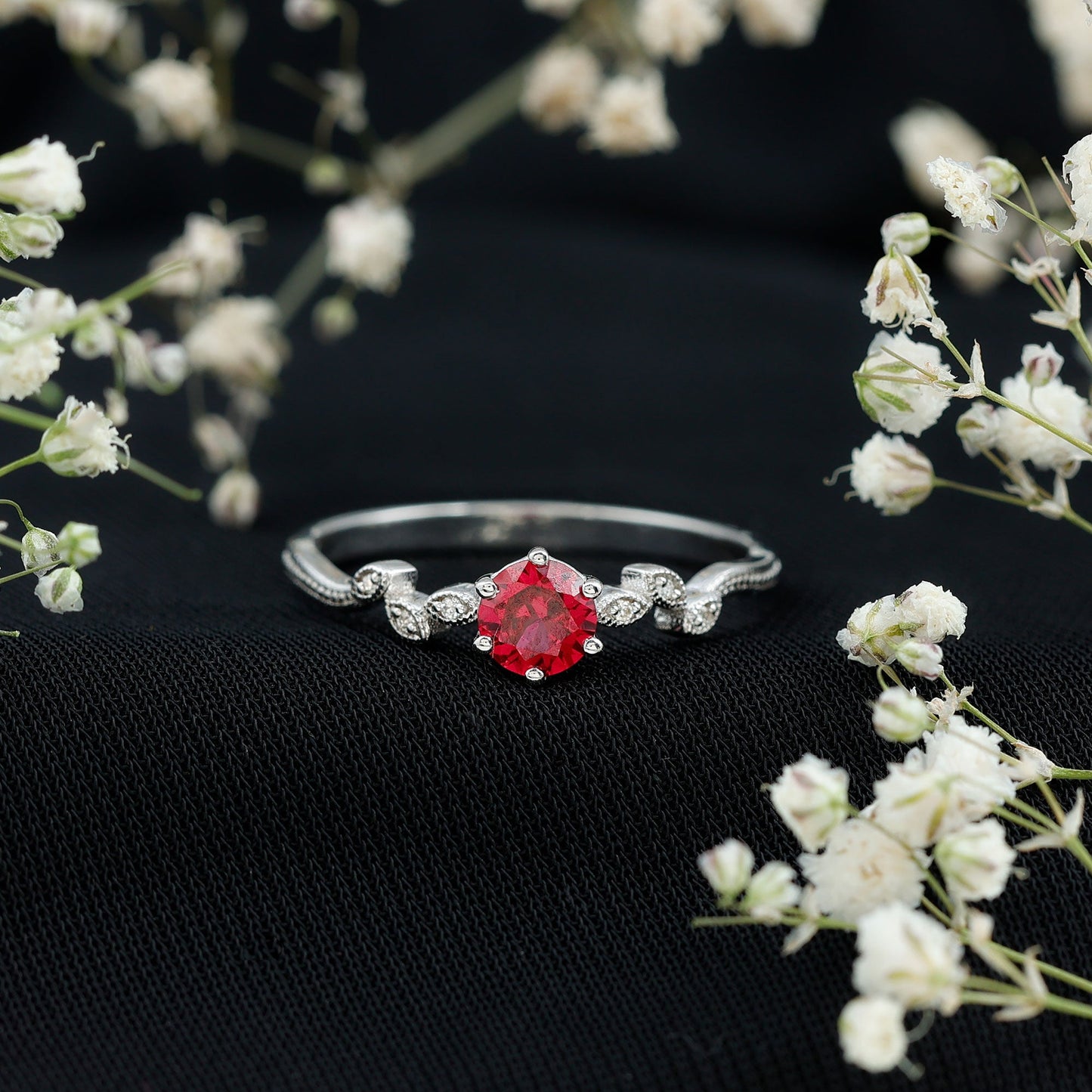 Lab Created Ruby and Diamond Leaf Promise Ring