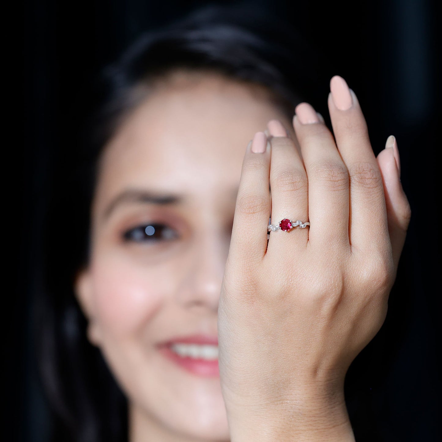 Lab Created Ruby and Diamond Leaf Promise Ring