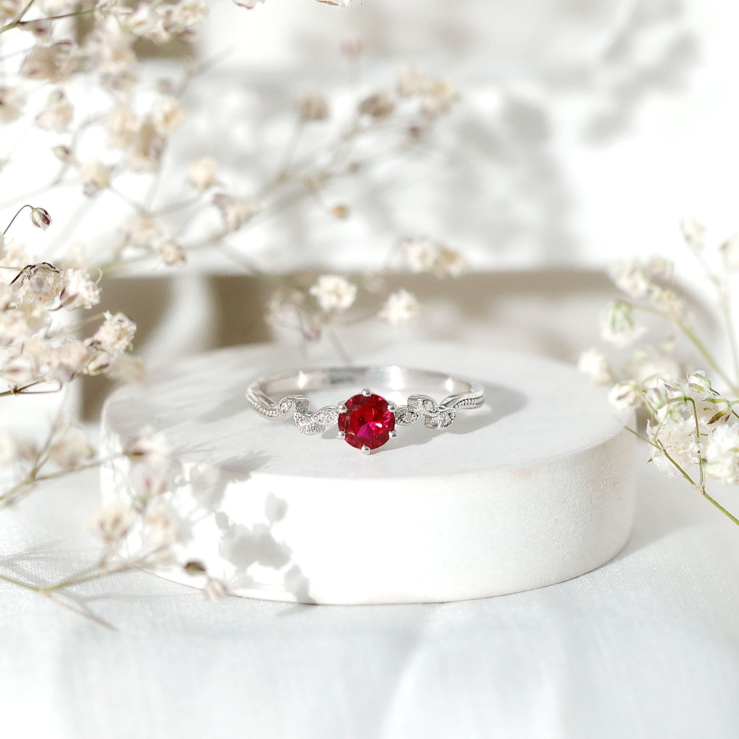 Lab Created Ruby and Diamond Leaf Promise Ring