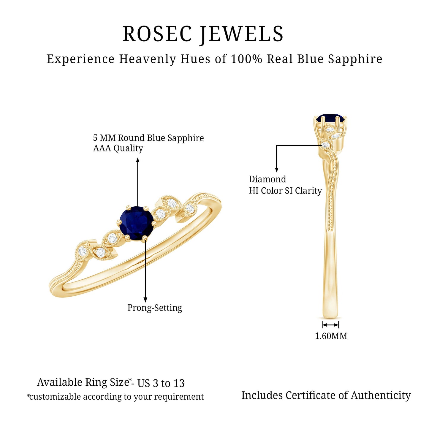 Real Blue Sapphire and Diamond Leaf Inspired Promise Ring