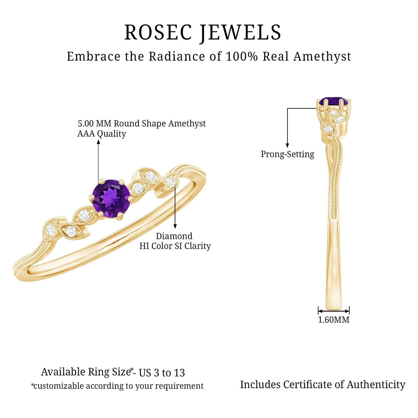 Amethyst and Diamond Leaf Promise Ring with Beaded Detailing