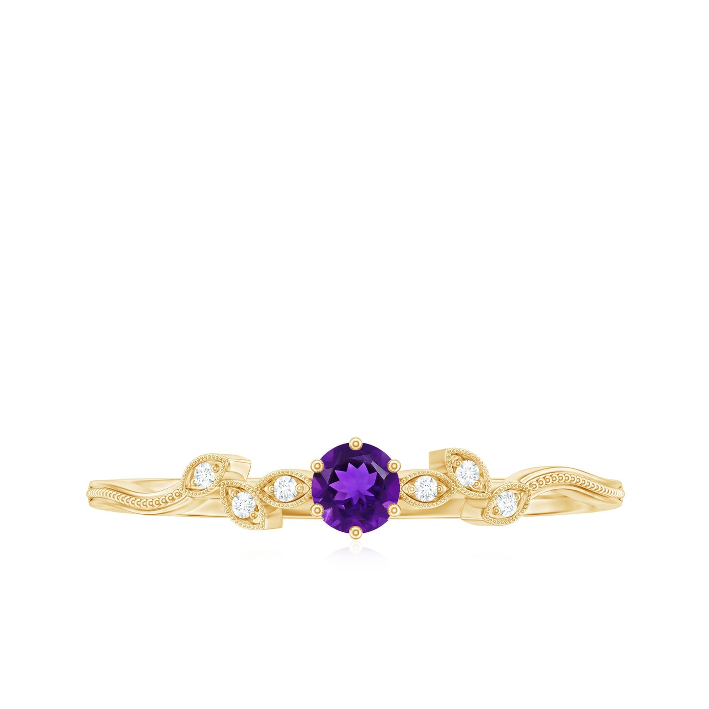 Amethyst and Diamond Leaf Promise Ring with Beaded Detailing