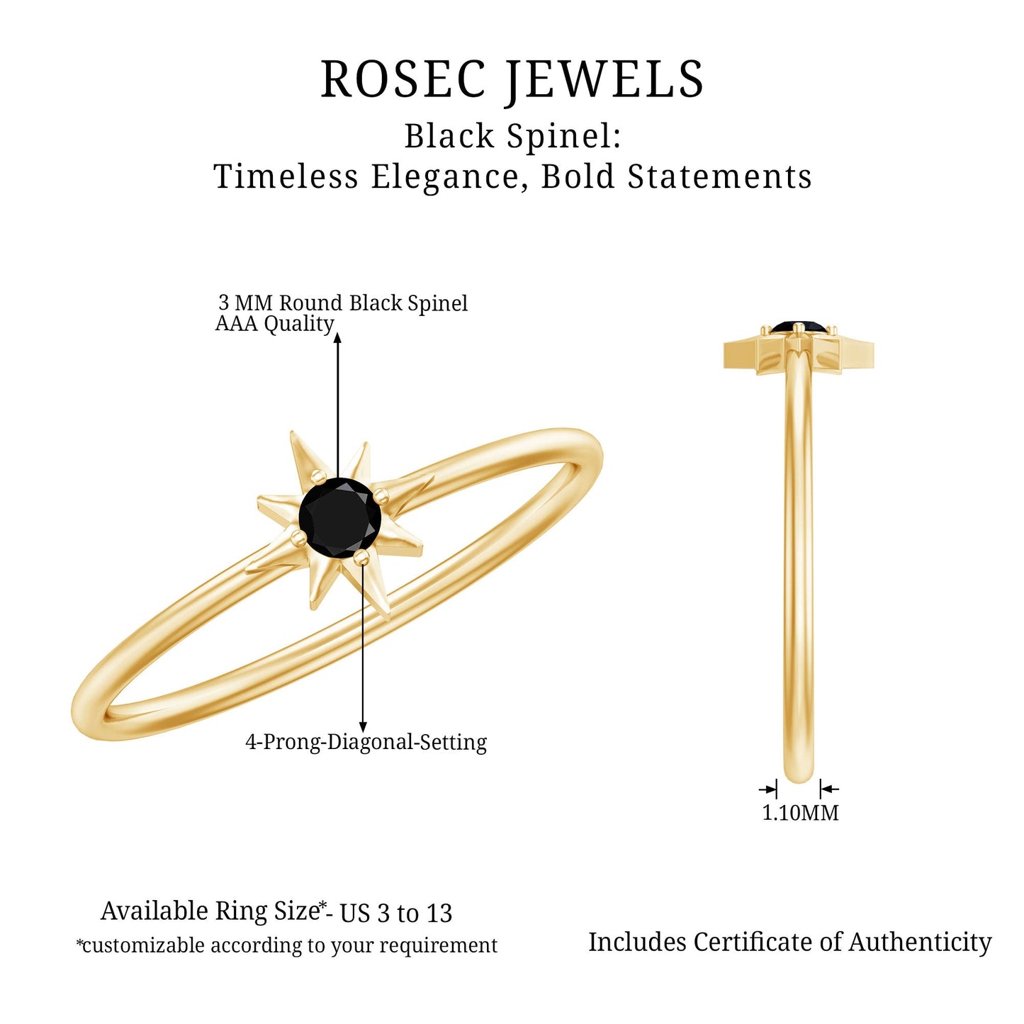Genuine Black Spinel Sunburst Promise Ring for Women