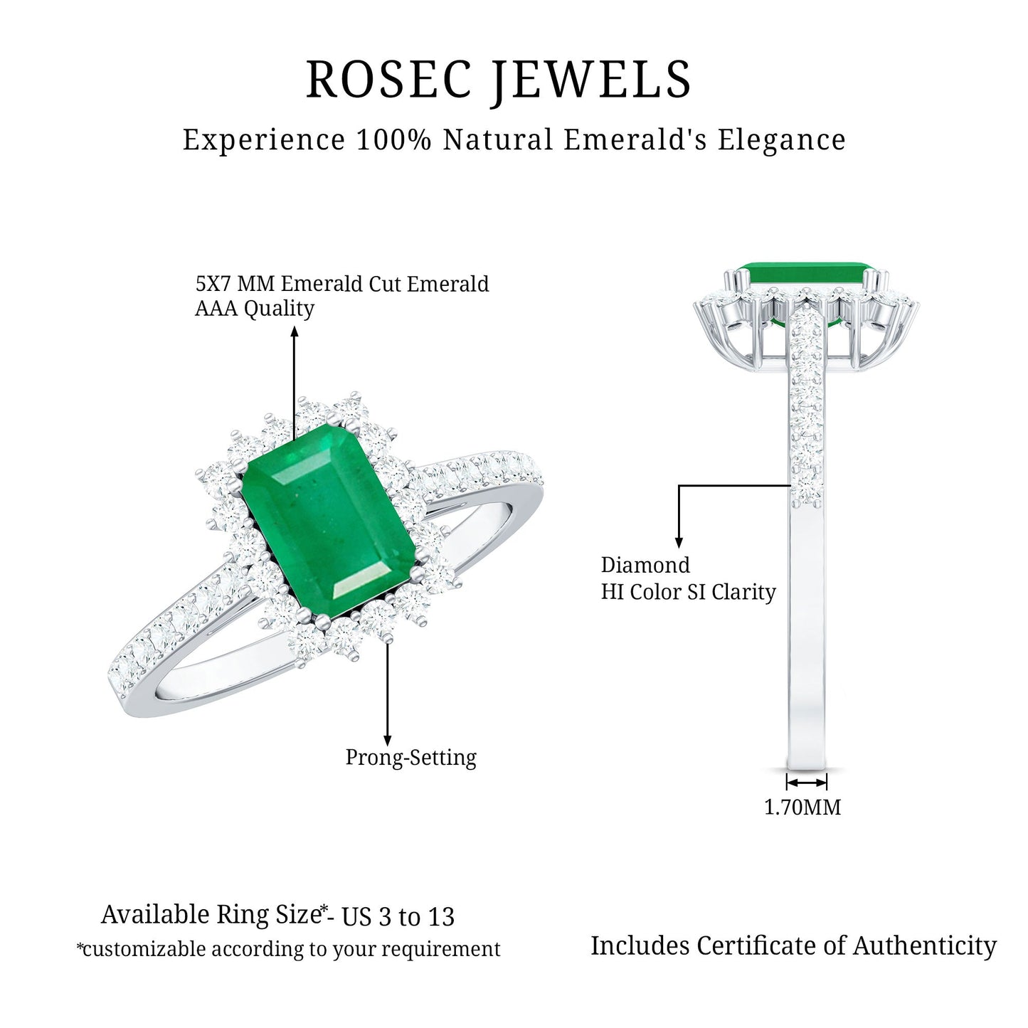 Natural Emerald Cut Emerald Engagement Ring with Diamond Halo
