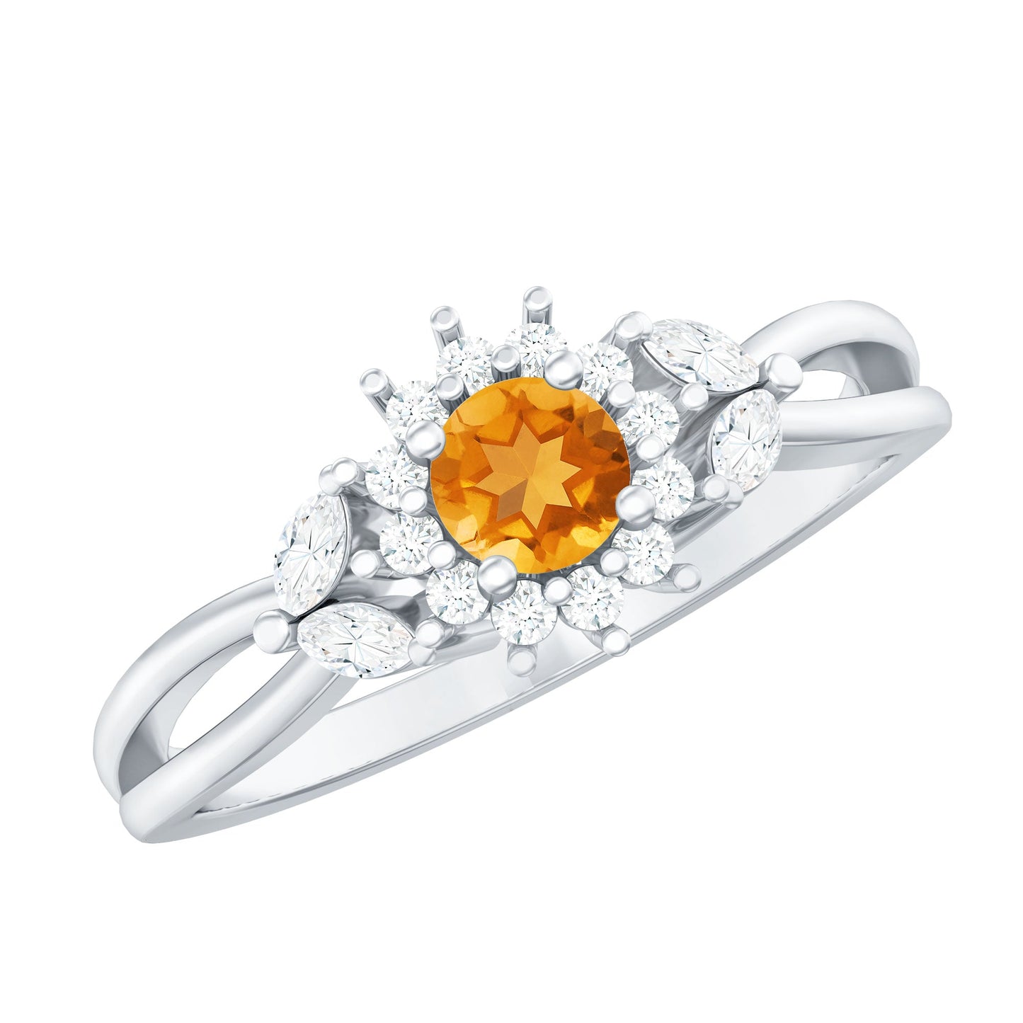 Nature Inspired Citrine Diamond Engagement Ring with Split Shank
