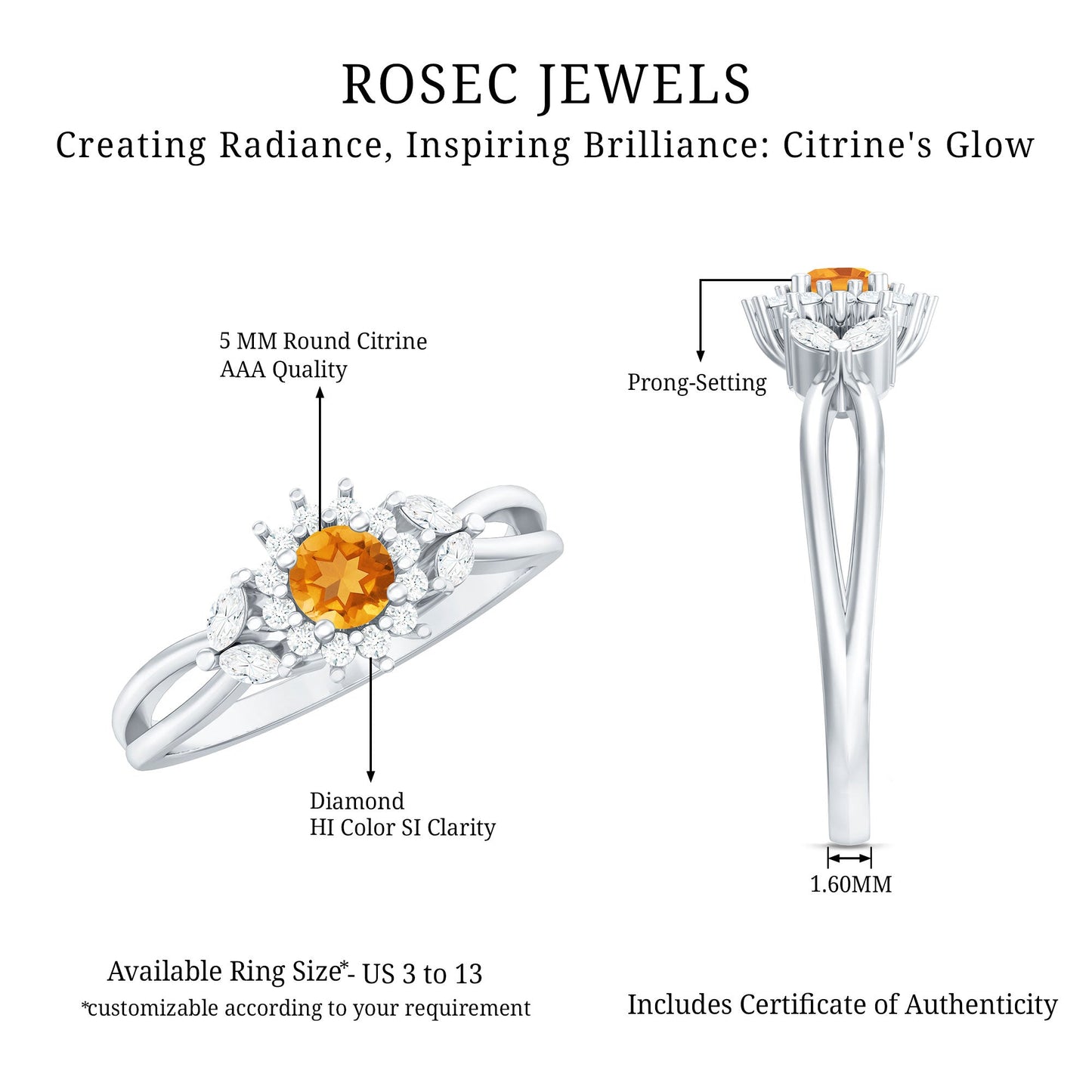 Nature Inspired Citrine Diamond Engagement Ring with Split Shank