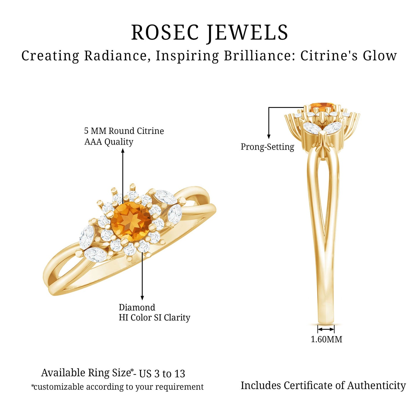 Nature Inspired Citrine Diamond Engagement Ring with Split Shank