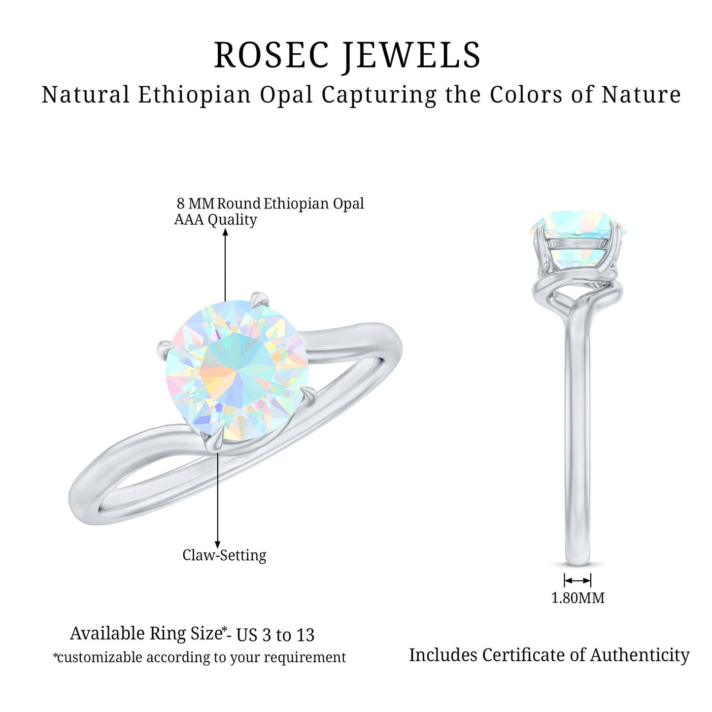 Certified Real Ethiopian Opal Solitaire Engagement Ring with Bypass Shank