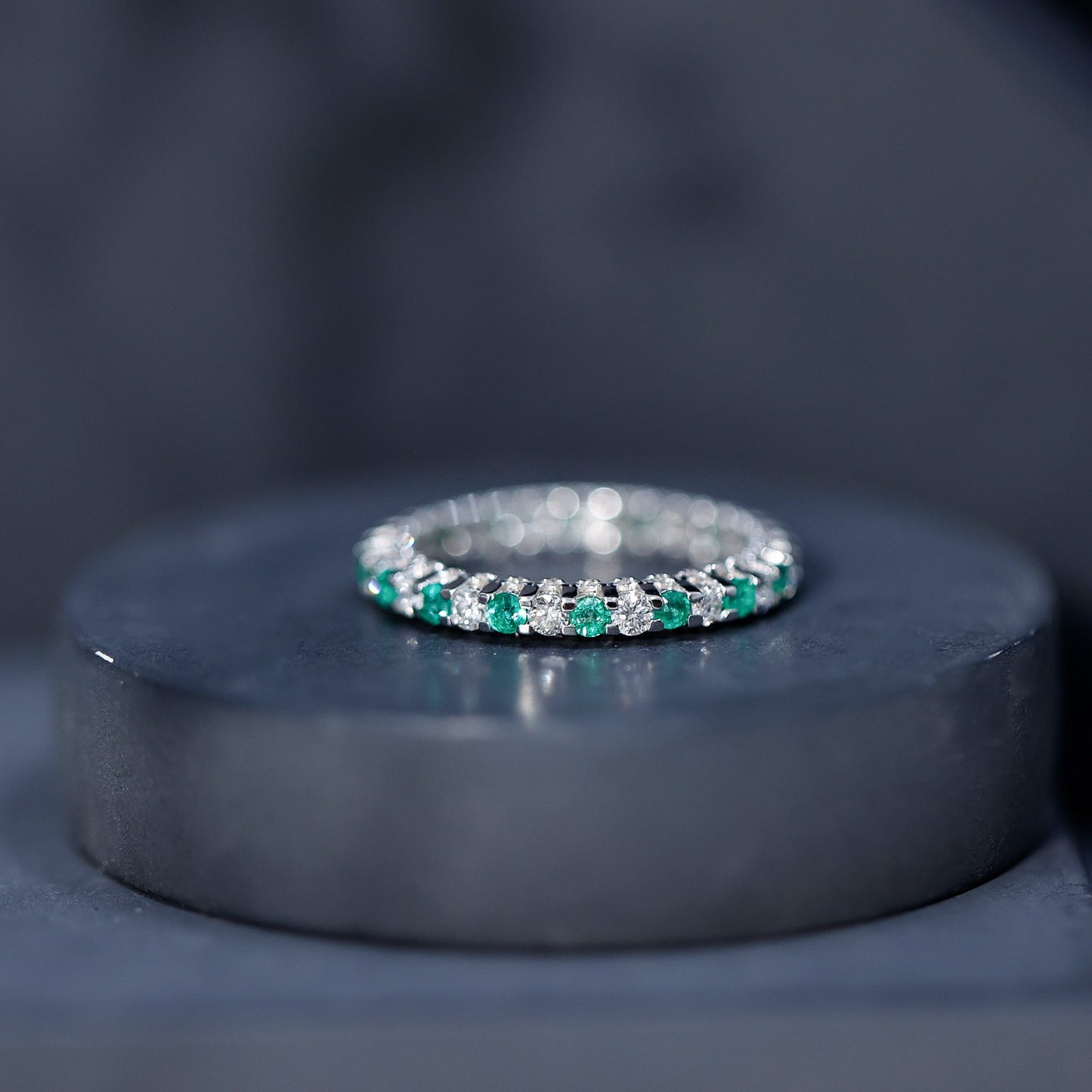 Alternate Round Emerald and Diamond Eternity Stackable Ring