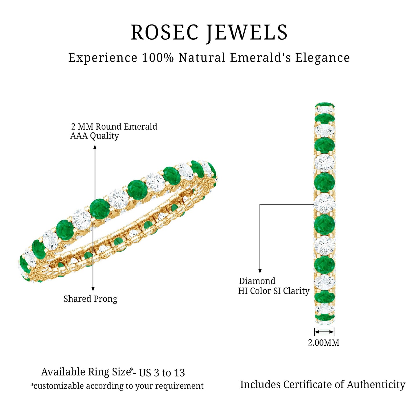 Alternate Round Emerald and Diamond Eternity Stackable Ring