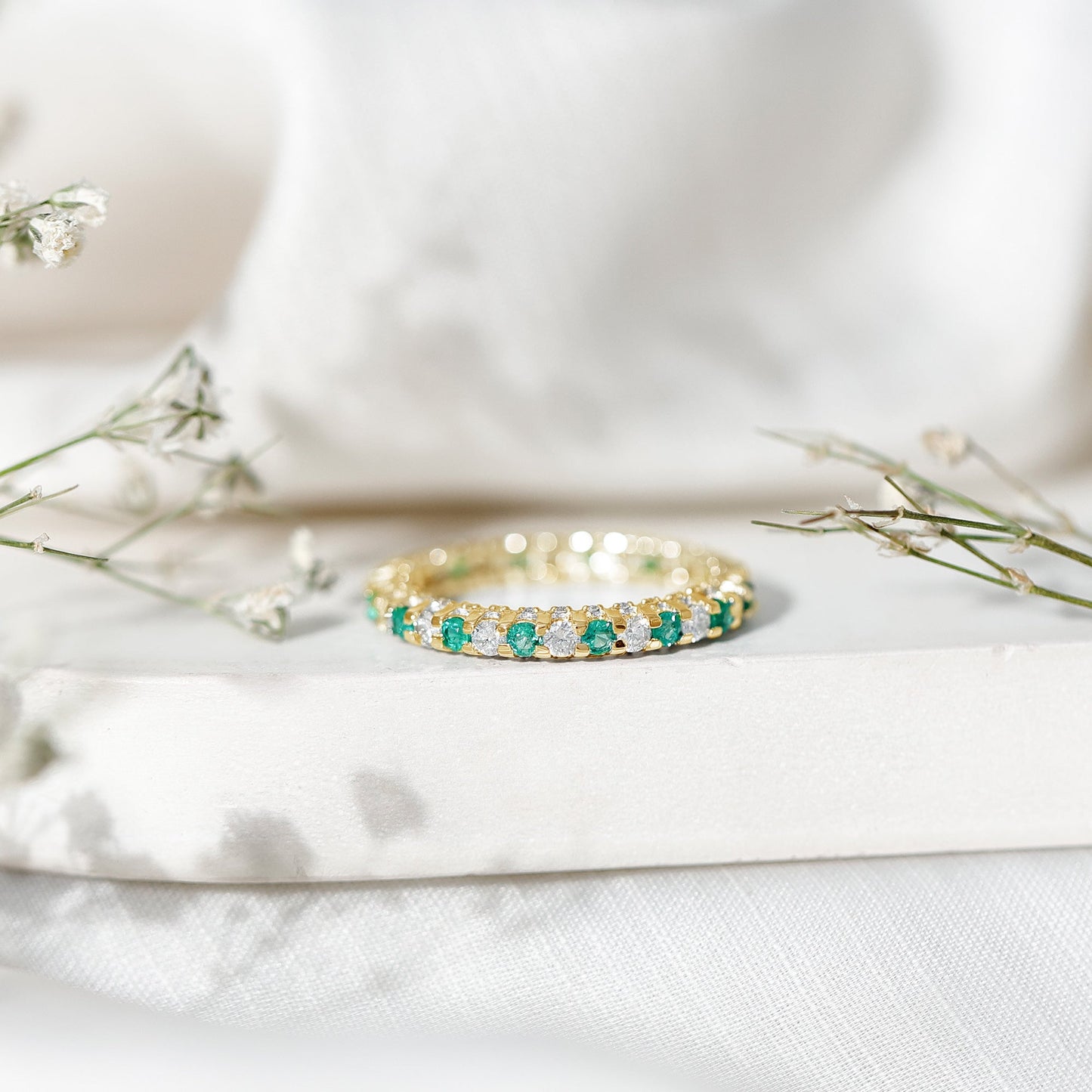 Alternate Round Emerald and Diamond Eternity Stackable Ring