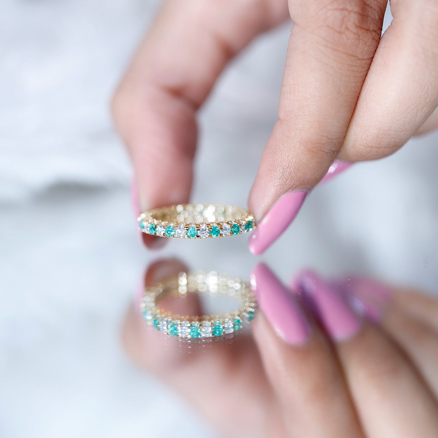 Alternate Round Emerald and Diamond Eternity Stackable Ring